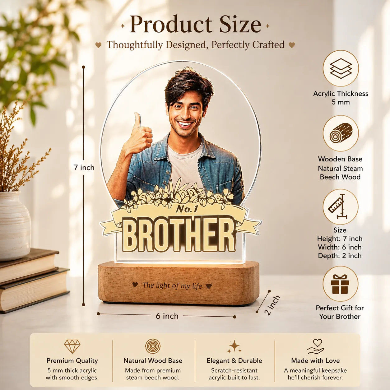 No.1 Brother – Photo Gift for Brother India | Custom Engraved Acrylic Lamp with Wooden Base (9x6")