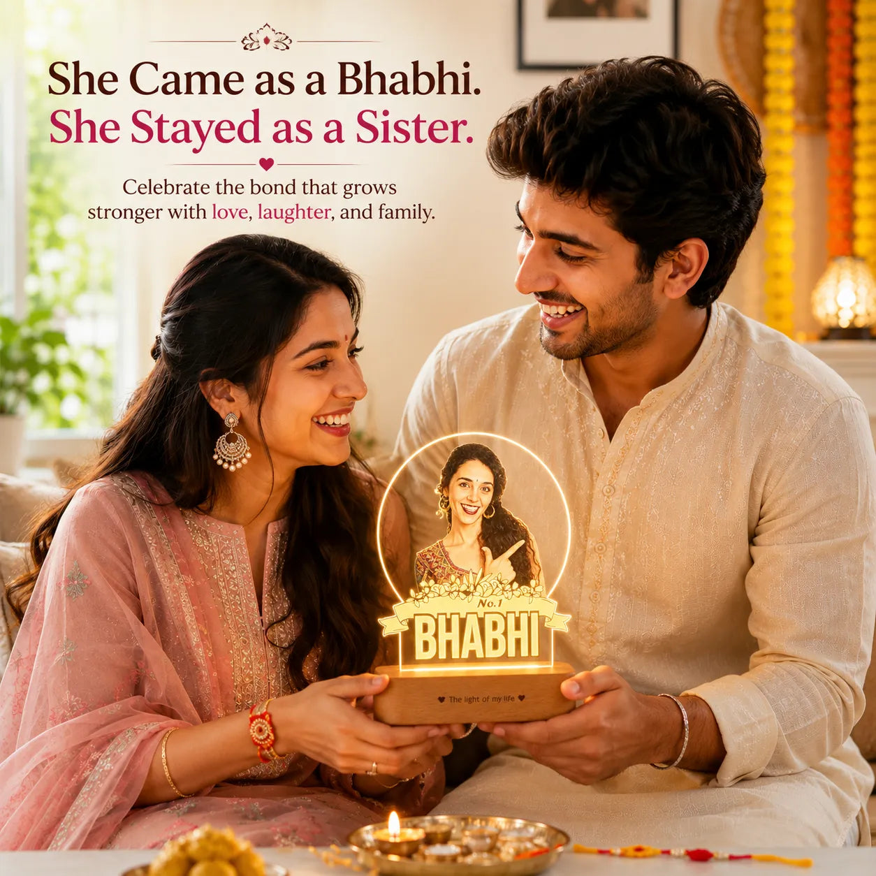 No.1 Bhabhi – Personalized Gift for Bhabhi India | Custom Photo Engraved Acrylic Lamp with Wooden Base (9x6")