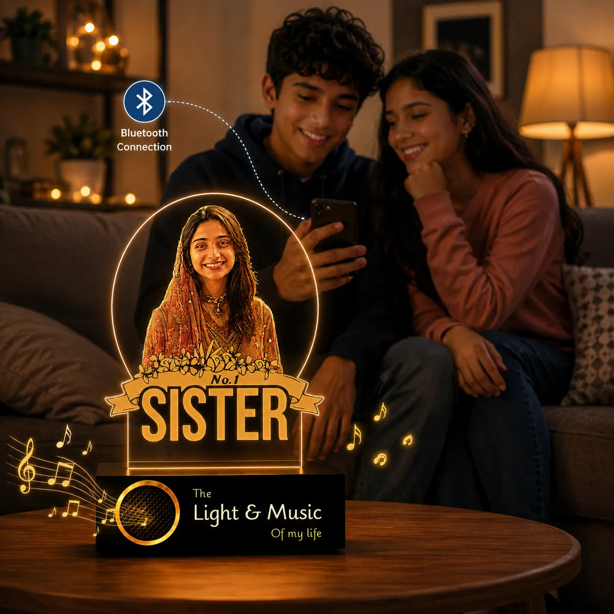 No.1 Sister – Photo Gift for Sister India | Personalized Engraved Acrylic Lamp with Wooden Base (9x6"")