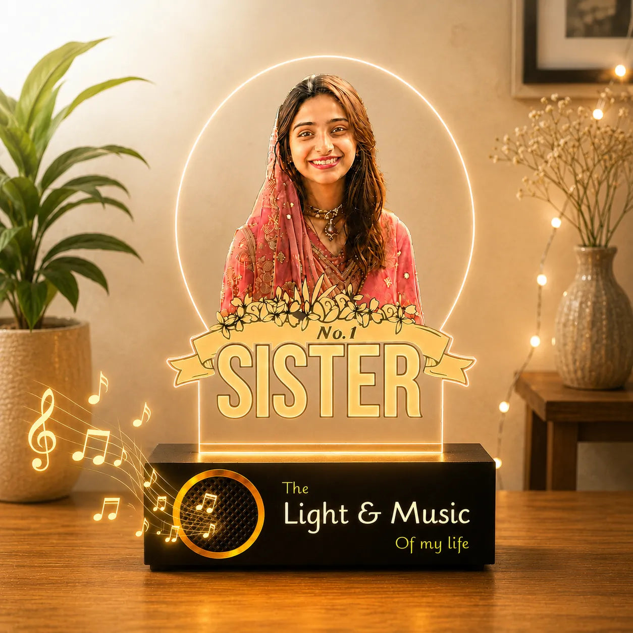 No.1 Sister – Photo Gift for Sister India | Personalized Engraved Acrylic Lamp with Wooden Base (9x6"")
