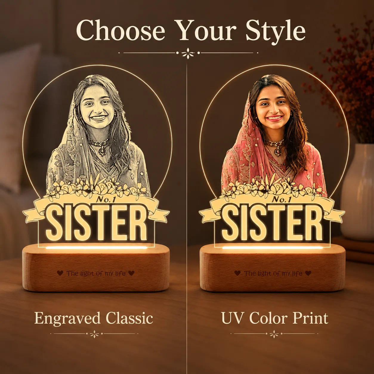 No.1 Sister – Photo Gift for Sister India | Personalized Engraved Acrylic Lamp with Wooden Base (9x6"")