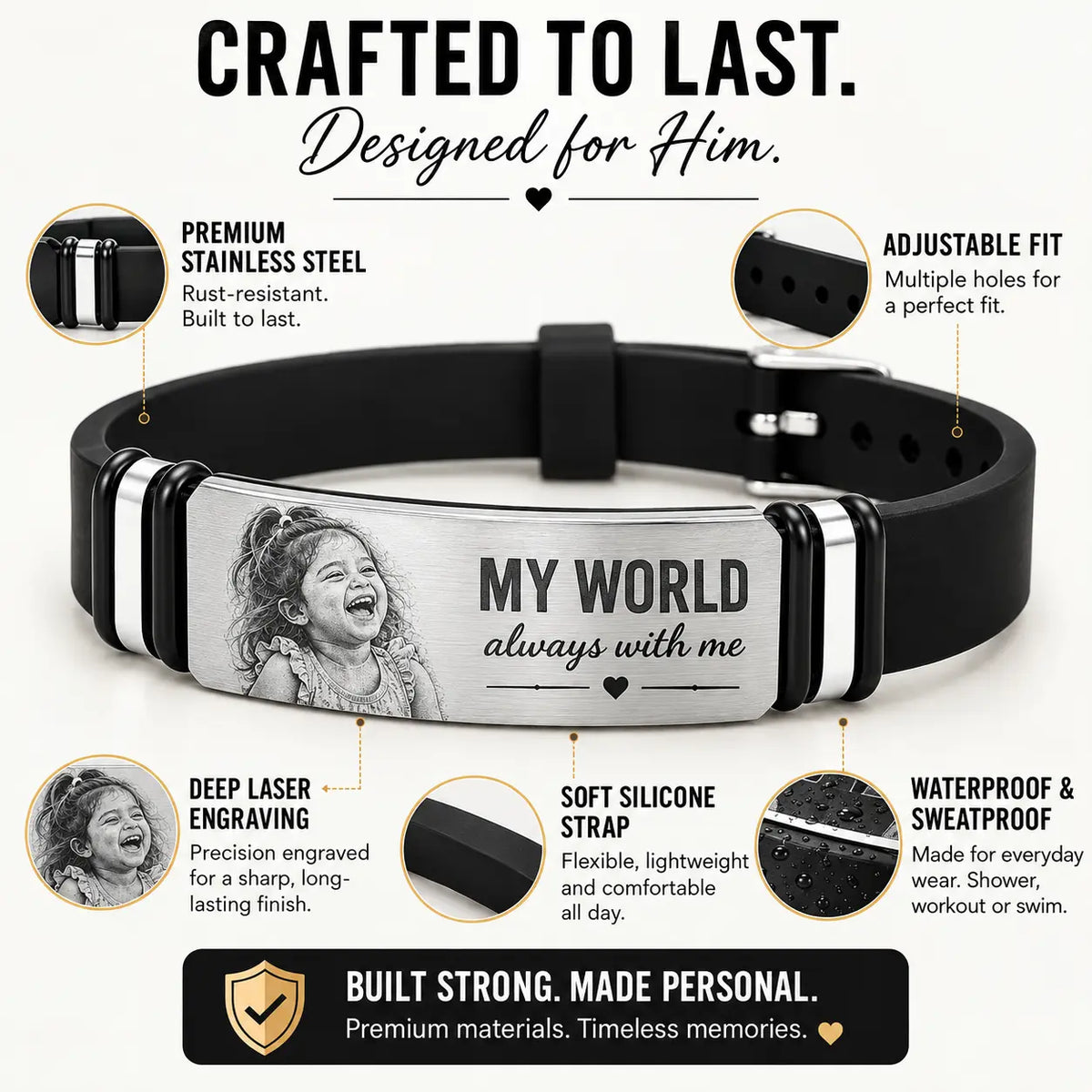 His World Personalized Photo Bracelet for Men | Gift for Husband, Boyfriend or Dad