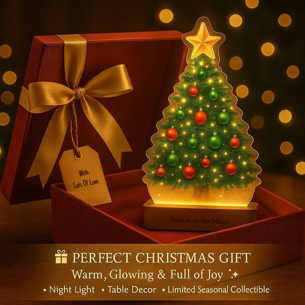 Christmas Tree Lamp – Christmas Decor & Gift | Warm LED Glow | Believe in the Magic Engraved Wooden Base