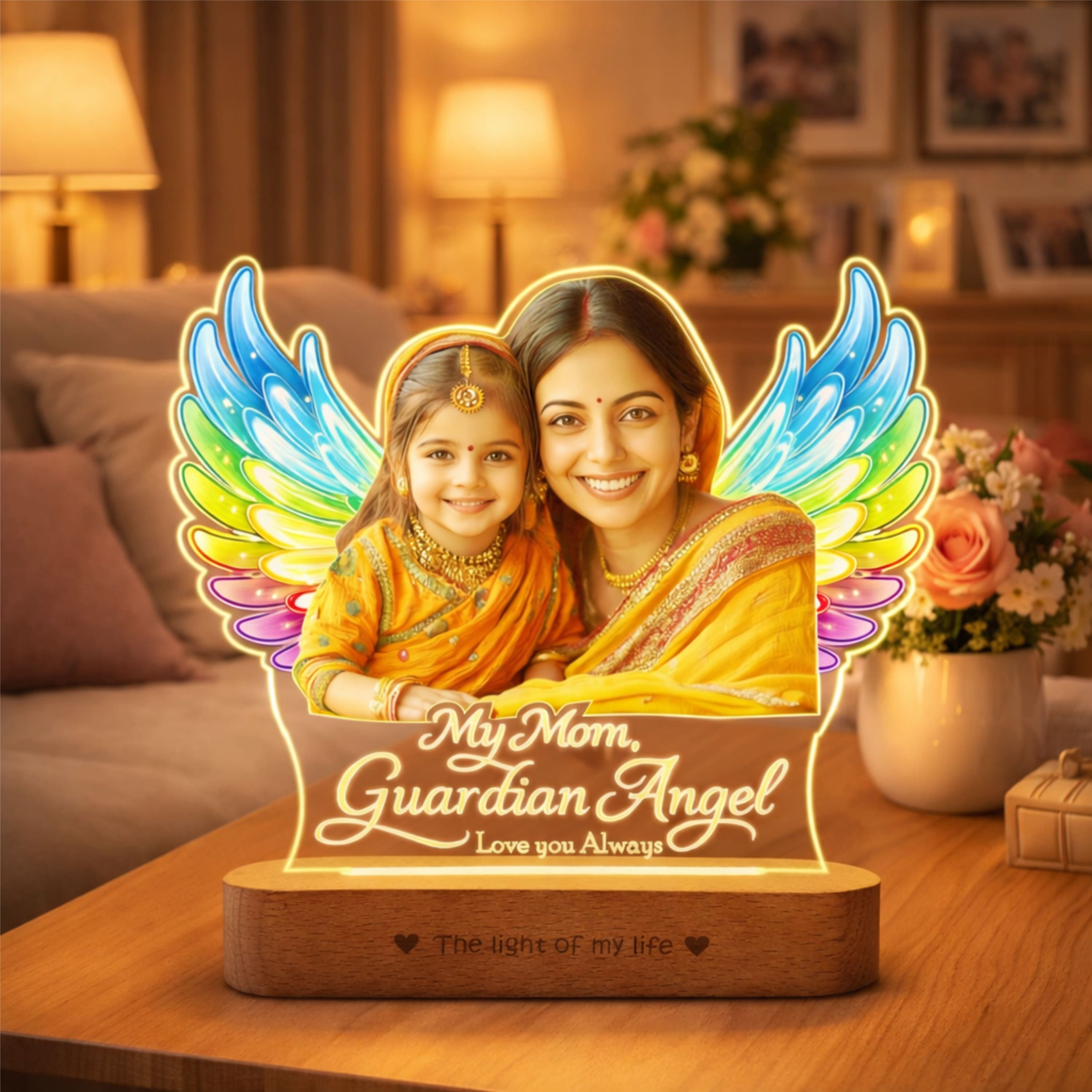 Mom, My Angel – Personalized LED Photo Lamp for Mom | Mother’s Day Gift (8x6 Inch Acrylic Lamp with Wooden Base)