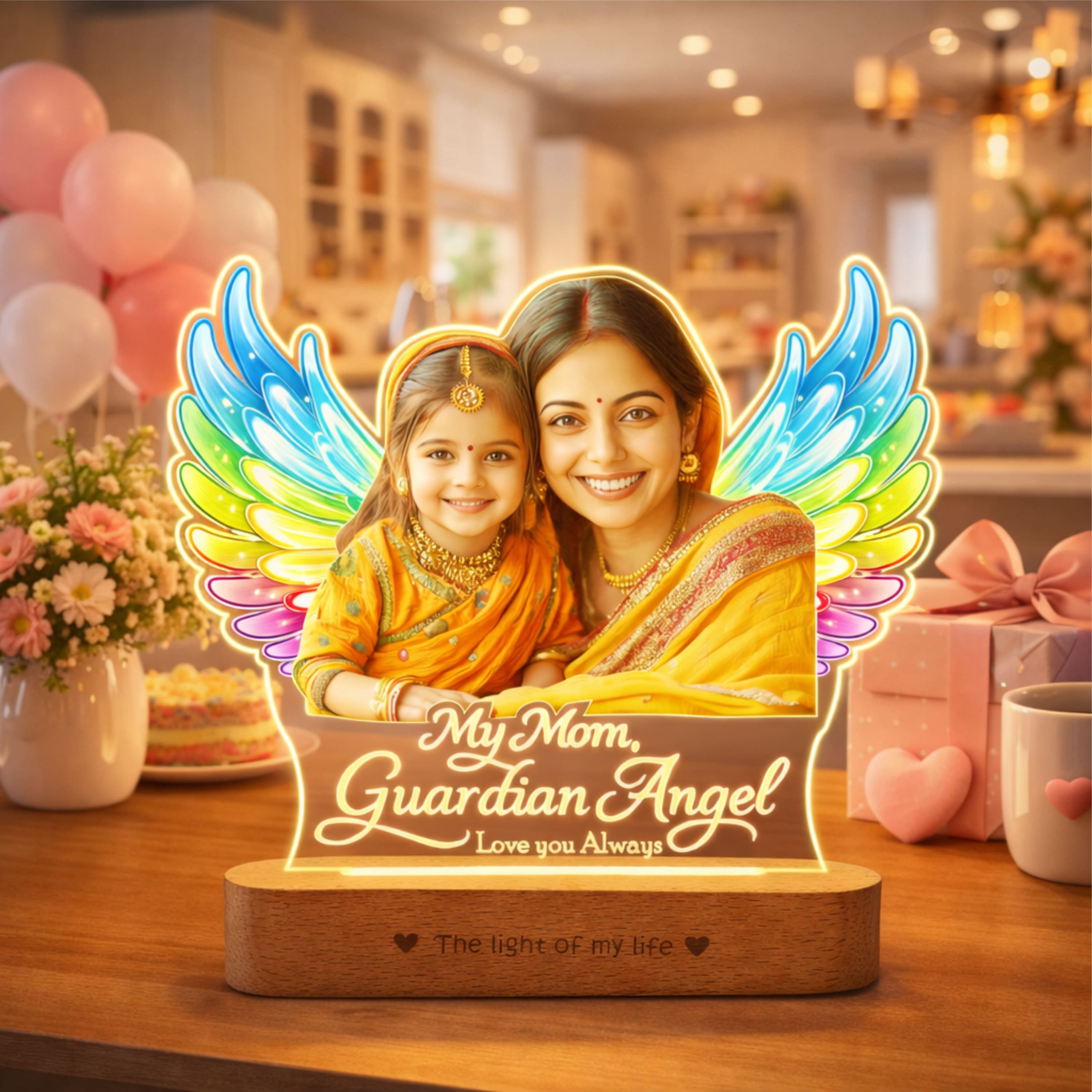 Mom, My Angel – Personalized LED Photo Lamp for Mom | Mother’s Day Gift (8x6 Inch Acrylic Lamp with Wooden Base)