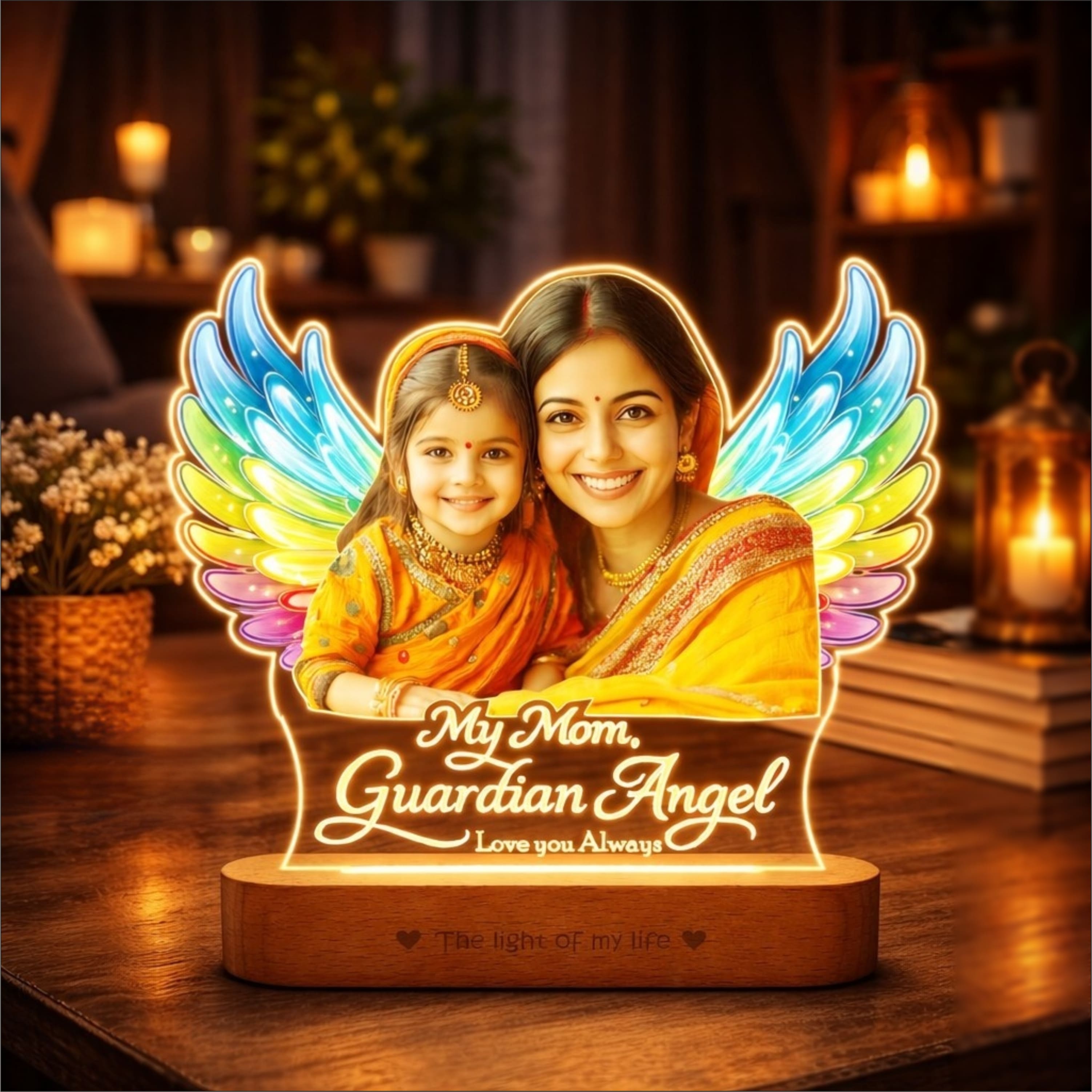 Mom, My Angel – Personalized LED Photo Lamp for Mom | Mother’s Day Gift (8x6 Inch Acrylic Lamp with Wooden Base)