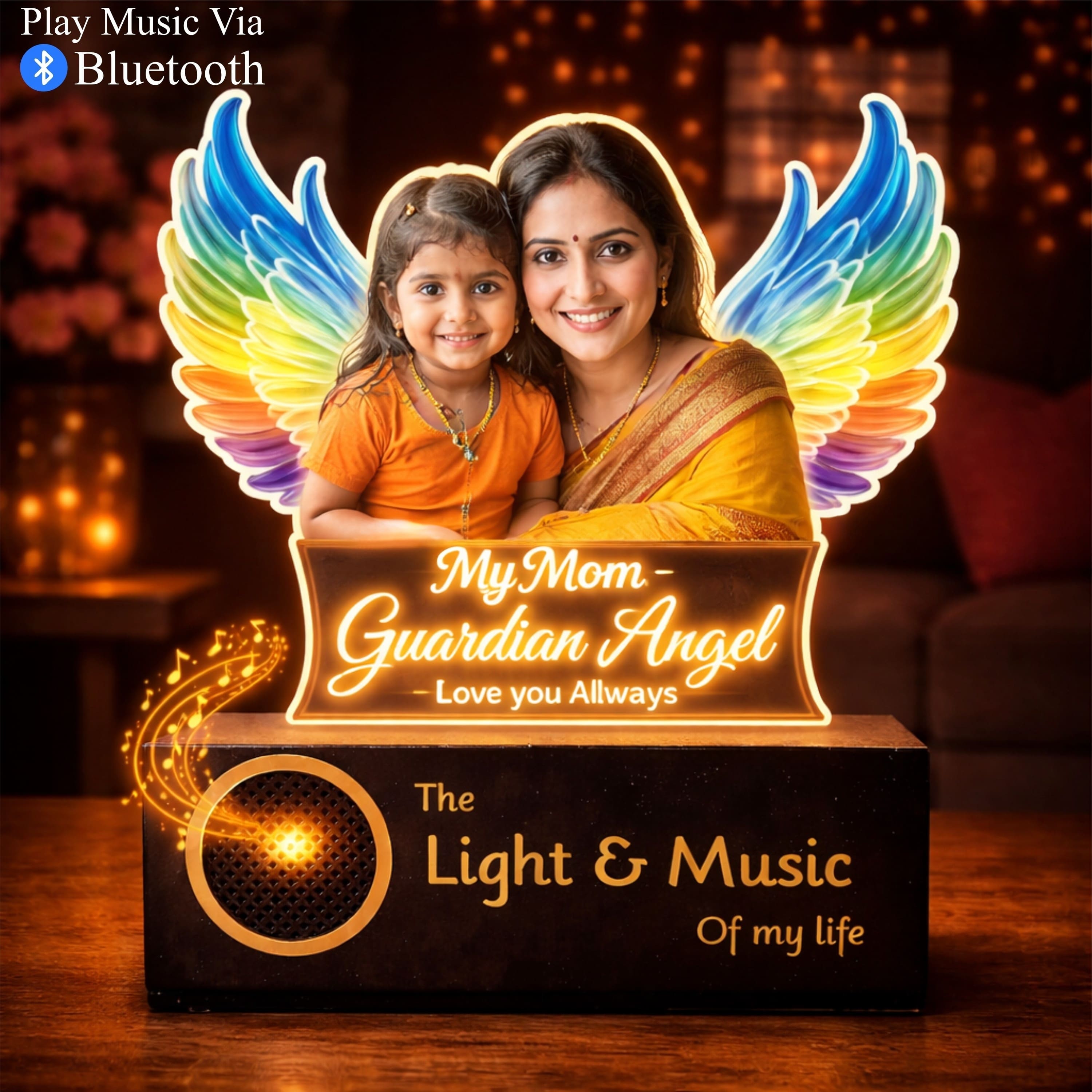 Mom, My Angel – Personalized LED Photo Lamp for Mom | Mother’s Day Gift (8x6 Inch Acrylic Lamp with Wooden Base)