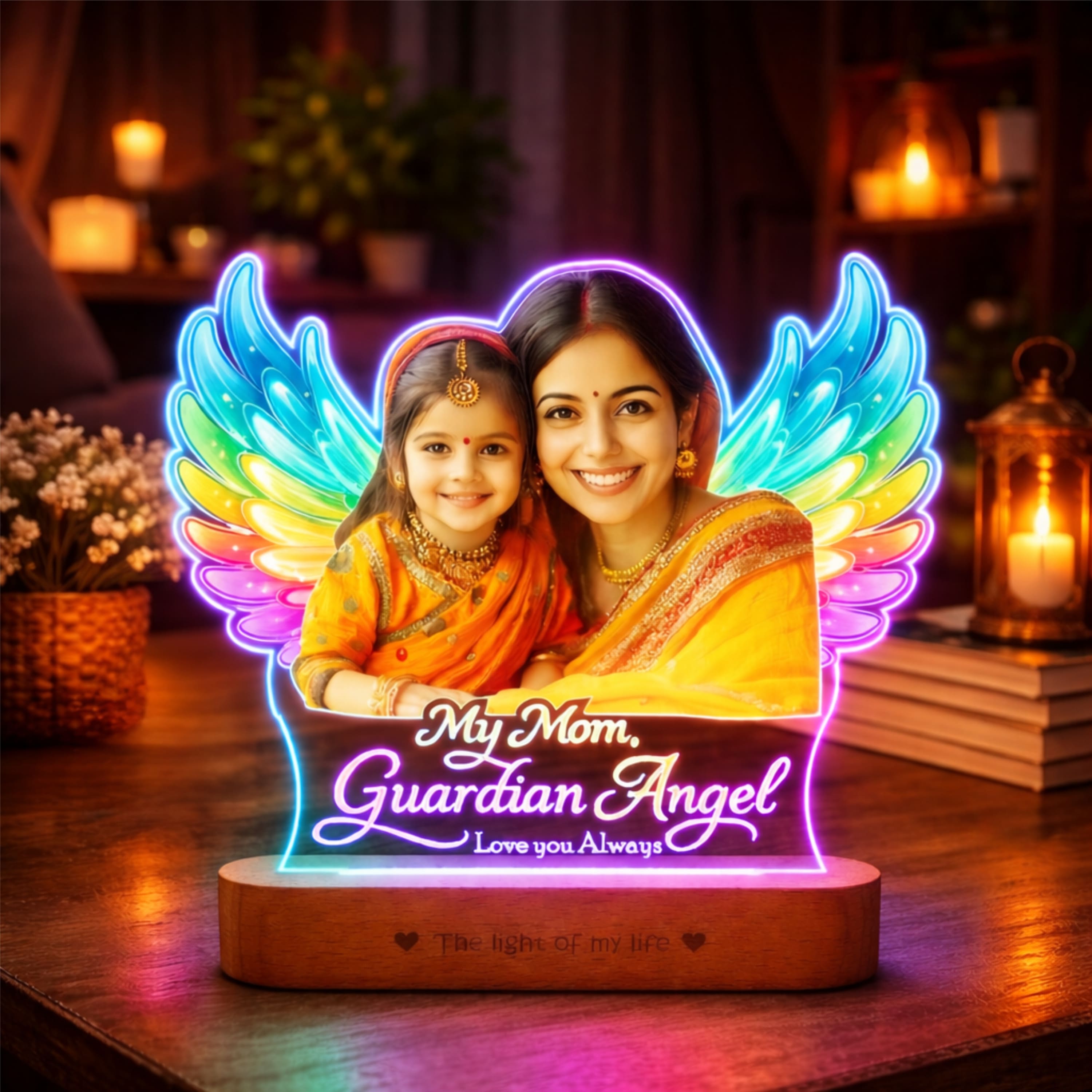Mom, My Angel – Personalized LED Photo Lamp for Mom | Mother’s Day Gift (8x6 Inch Acrylic Lamp with Wooden Base)