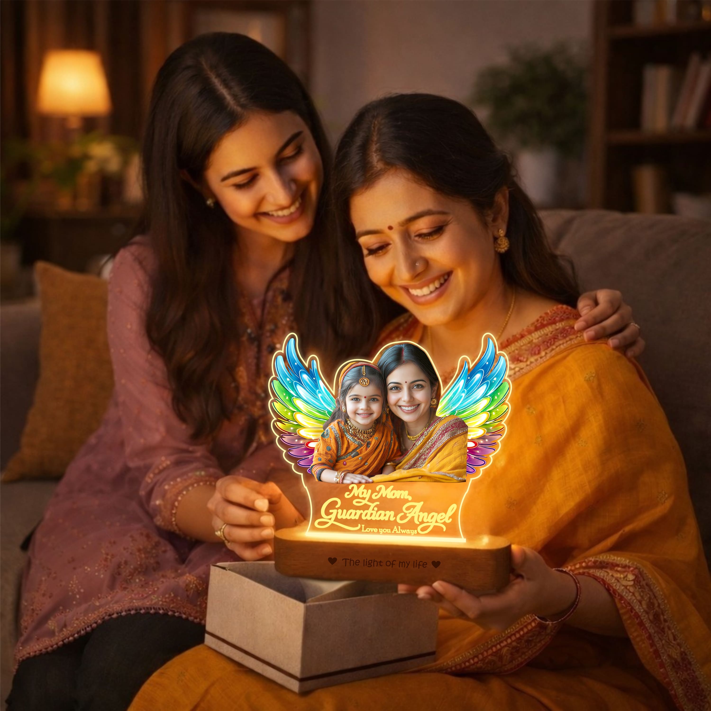 Mom, My Angel – Personalized LED Photo Lamp for Mom | Mother’s Day Gift (8x6 Inch Acrylic Lamp with Wooden Base)