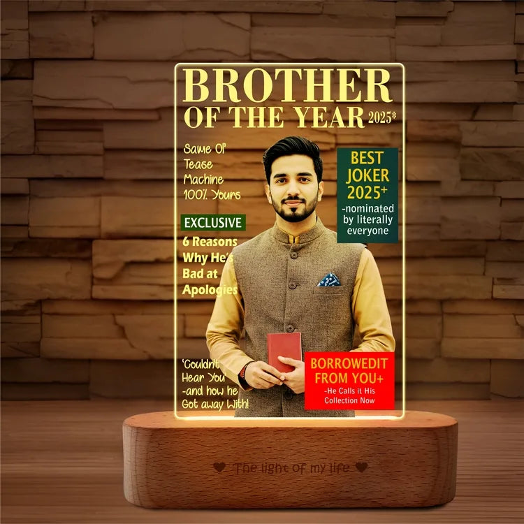 Brother of the Year 2025 – Funny LED Brother Photo Frame | Personalized Gift