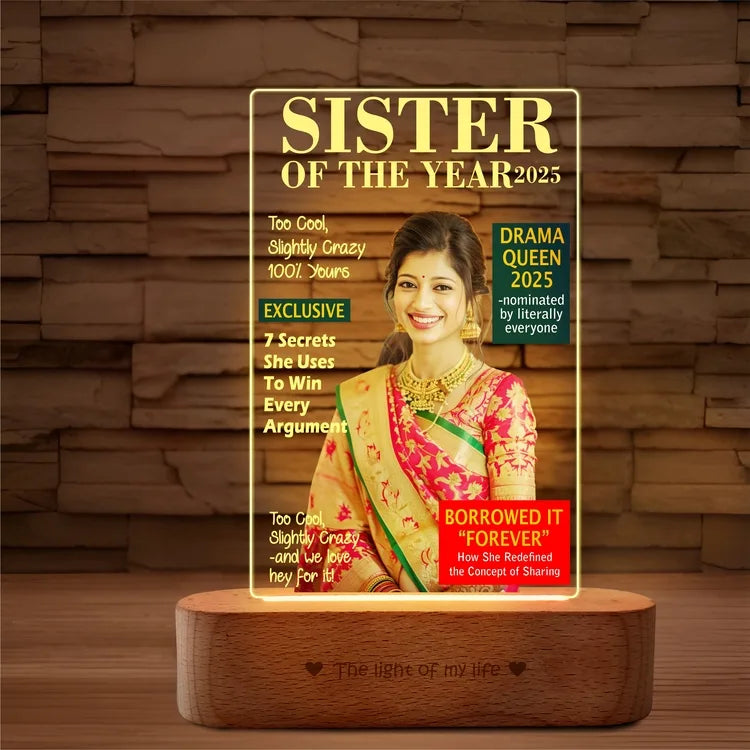 Sister of the Year 2025 – Funny LED Sister Photo Frame | Personalized Gift