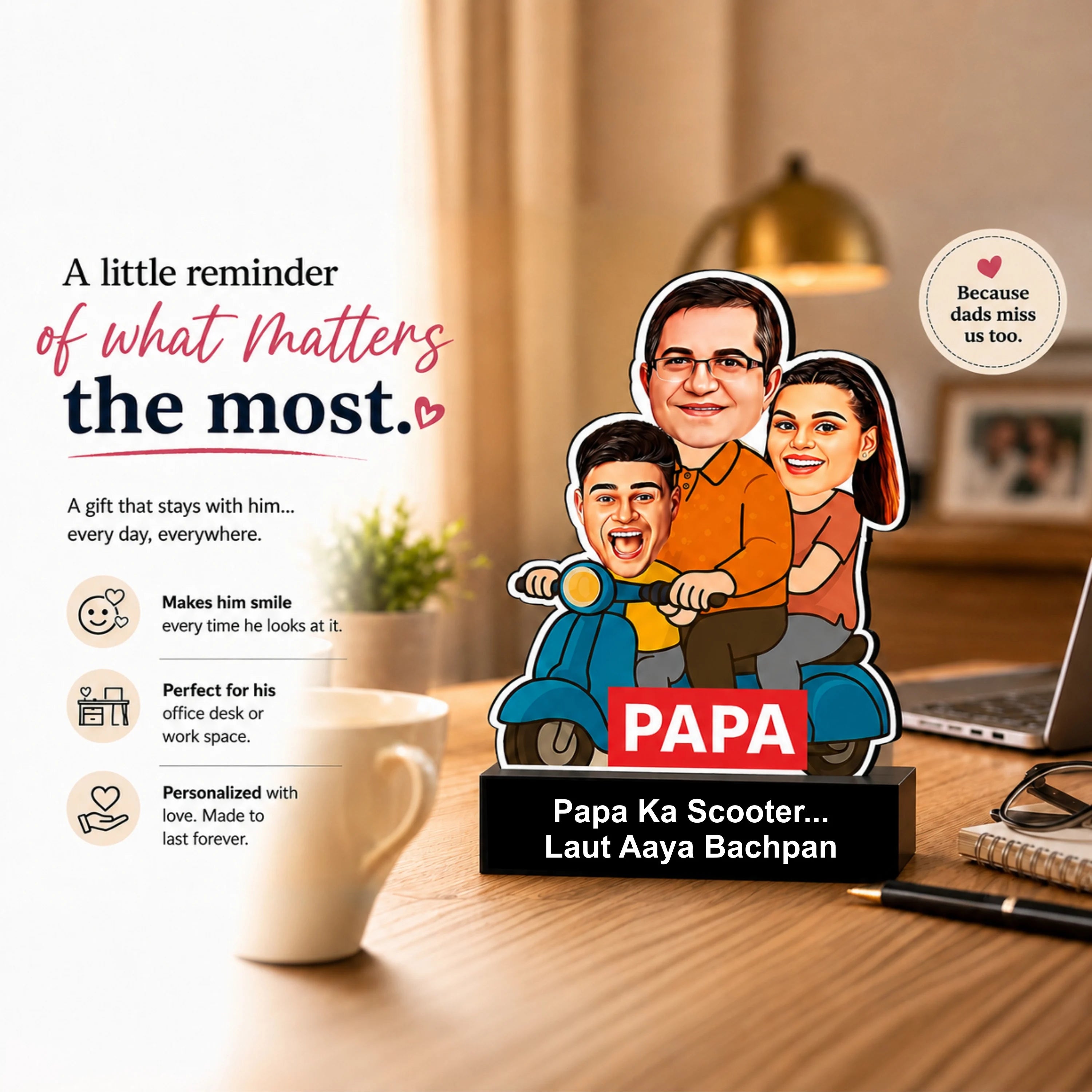 Papa Ka Scooter – Personalized Caricature Gift for Dad- Funny Father’s Day Gift for Dad (2 - Kids)