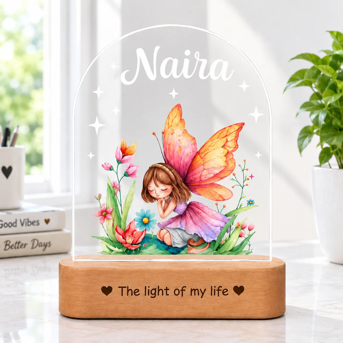 Personalized Name Night Lamp for Daughter | Custom Fairy LED Lamp | Birthday Gift for Daughter | Baby Girl Room Decor | 8x6x2 Inch Acrylic Lamp with Wooden Base
