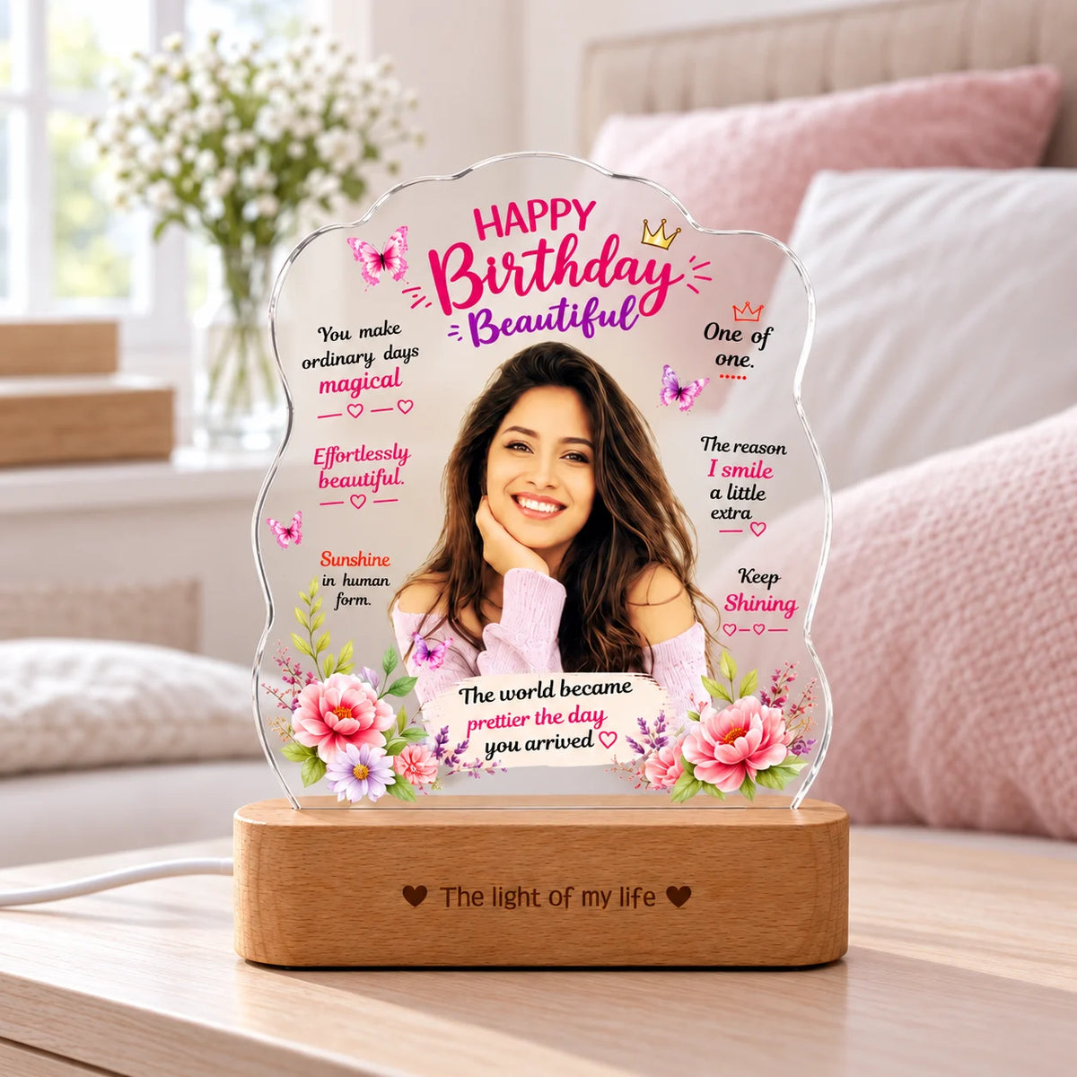 Birthday Gift for Girlfriend – Personalised Photo LED Lamp with Wooden Base