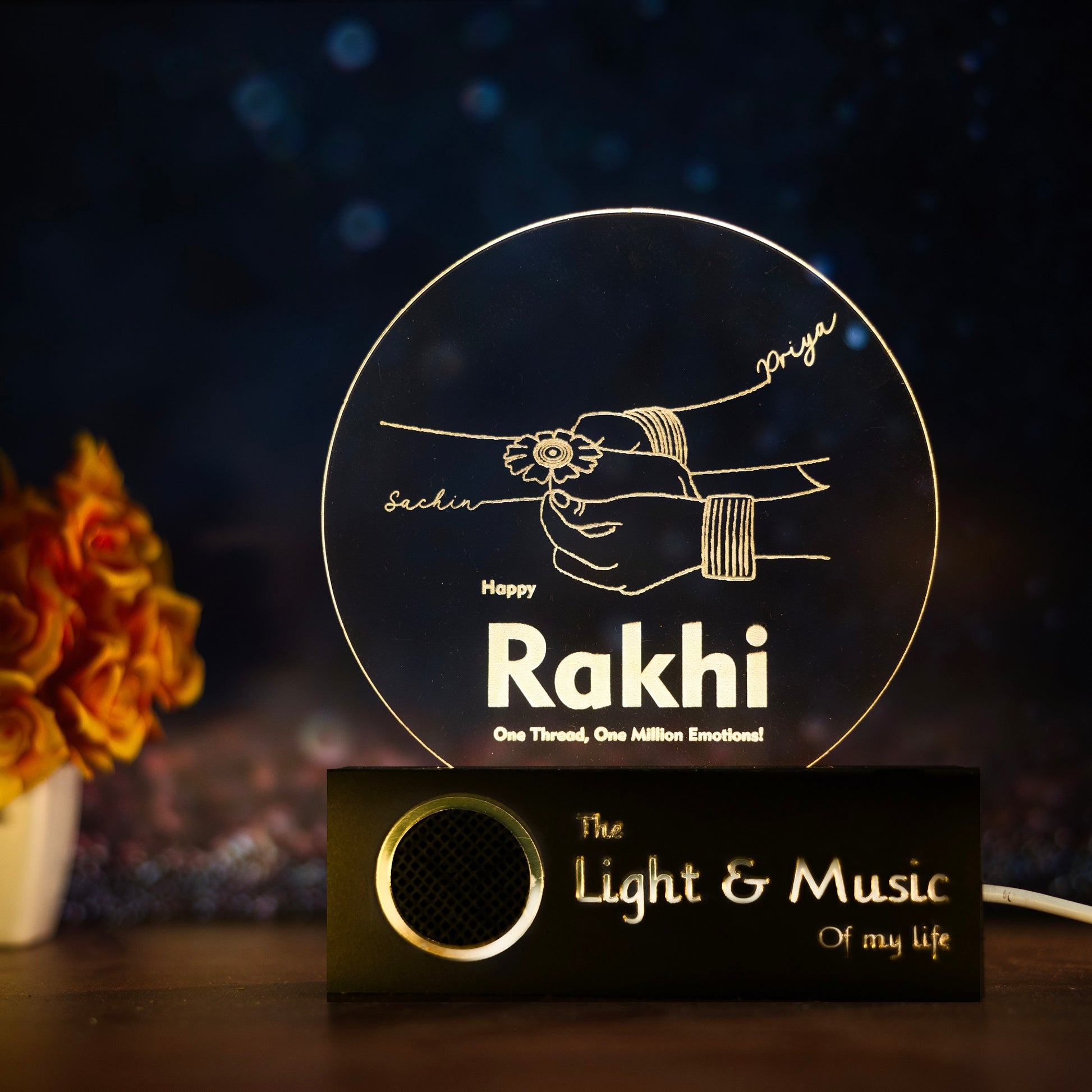 Sacred Tie: Engraved Acrylic Rakhi Lamp For Brother