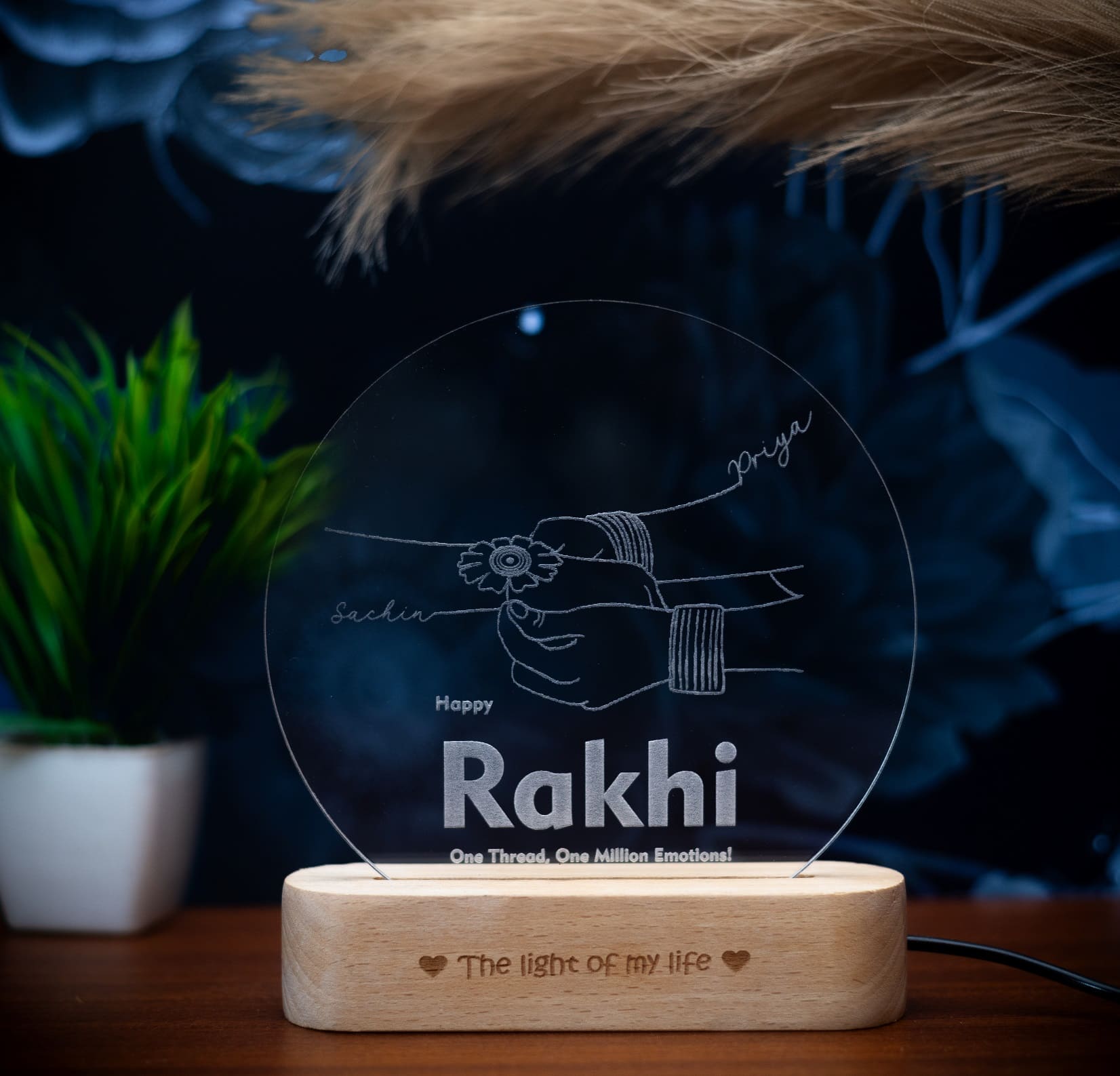 Sacred Tie: Engraved Acrylic Rakhi Lamp For Brother