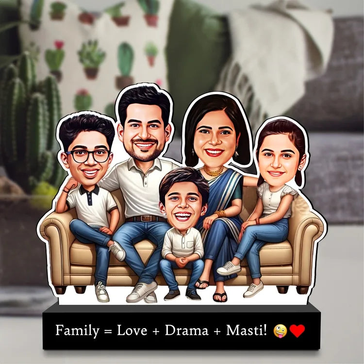 Personalized Family Caricature Standee – “Family = Love + Drama + Masti!” (Custom Faces) | Acrylic + MDF | 7x6x2 inch
