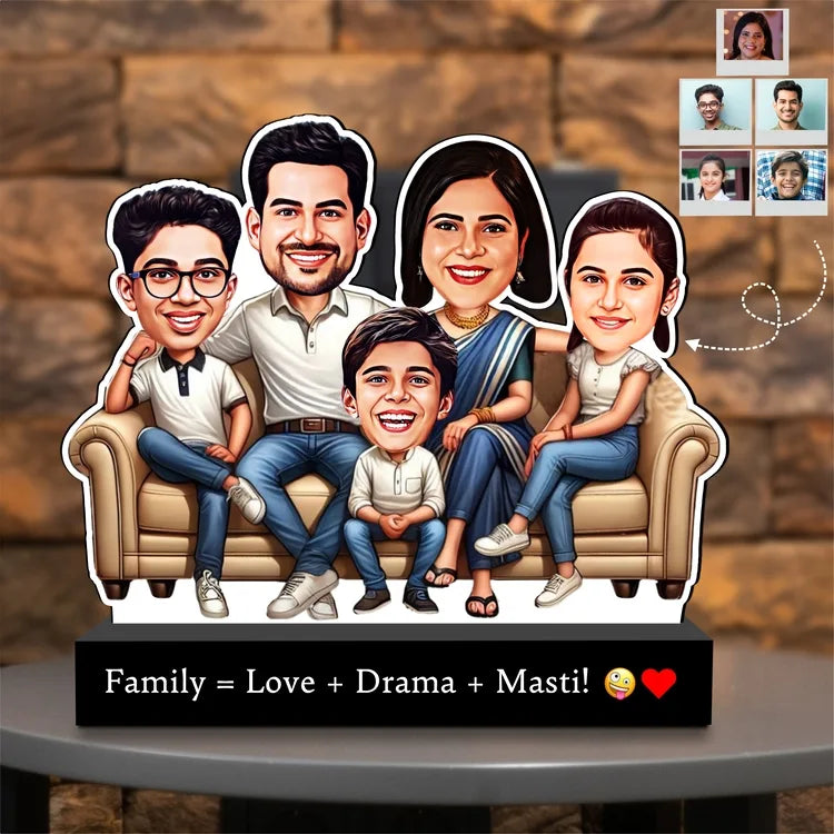 Personalized Family Caricature Standee – “Family = Love + Drama + Masti!” (Custom Faces) | Acrylic + MDF | 7x6x2 inch
