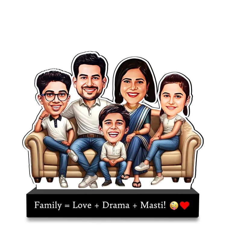 Personalized Family Caricature Standee – “Family = Love + Drama + Masti!” (Custom Faces) | Acrylic + MDF | 7x6x2 inch
