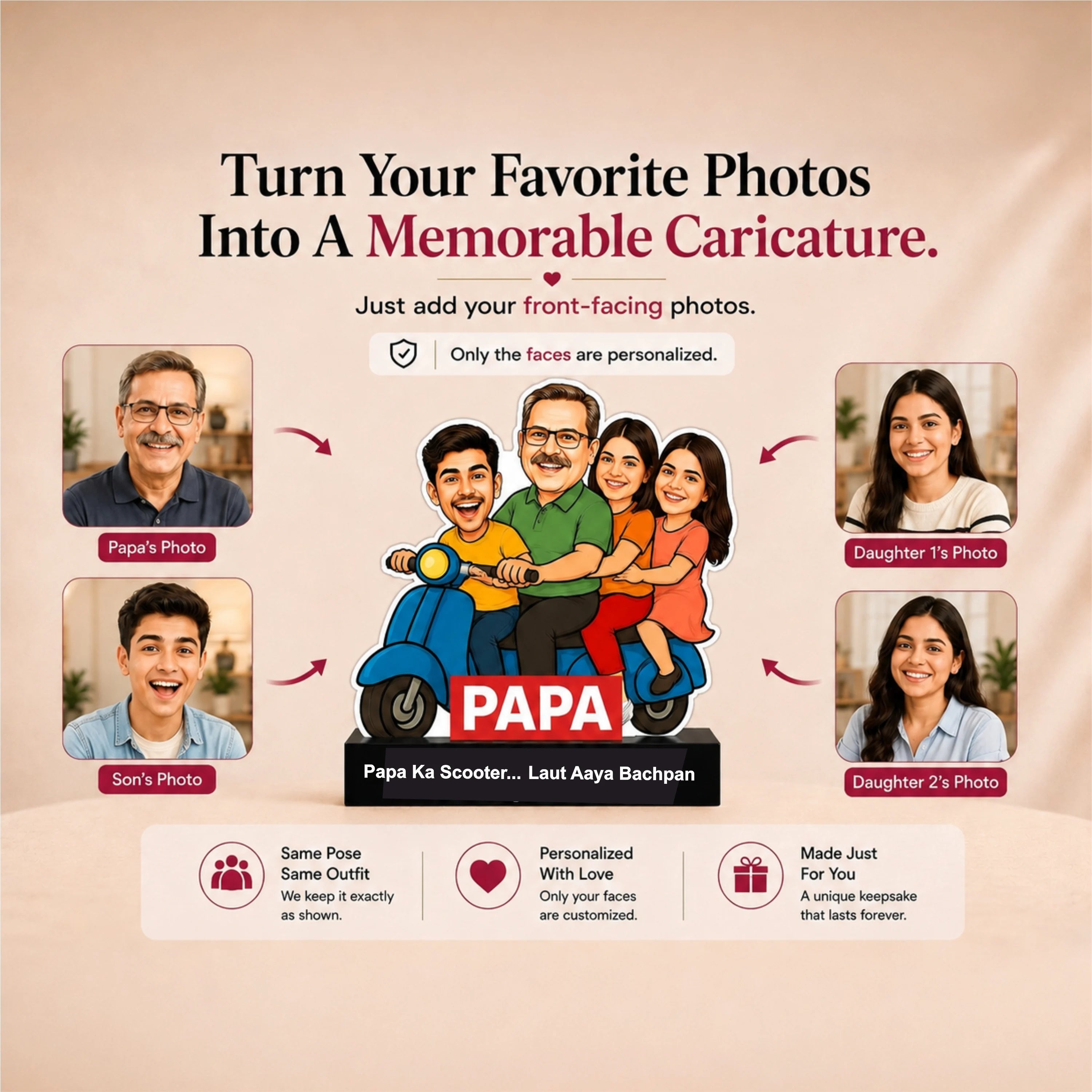 Papa Ka Scooter – Personalized Caricature Gift for Dad- Funny Father’s Day Gift for Dad (3 - Kids)