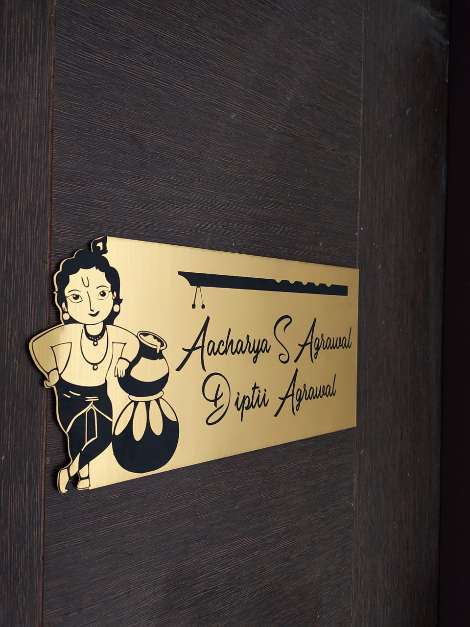 Krishna engraved door name plate - Gold