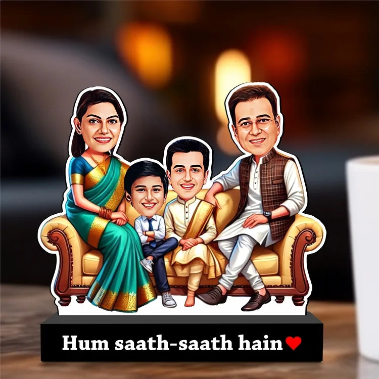 Custom Family Caricature – “Hum Saath-Saath Hain❤️” | Personalized Indian Family Standee | Acrylic + MDF | 7x6x2 inch