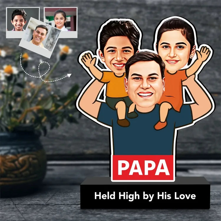 Custom Caricature Father’s Day Gift – "Held High by His Love” | Personalized Dad & Kids Acrylic Standee