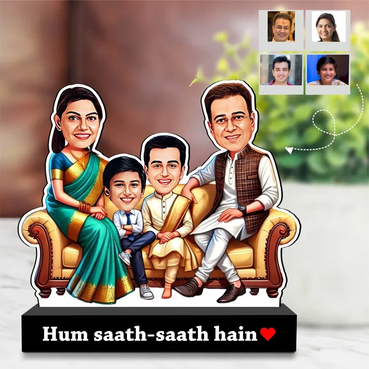 Custom Family Caricature – “Hum Saath-Saath Hain❤️” | Personalized Indian Family Standee | Acrylic + MDF | 7x6x2 inch