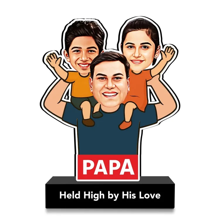 Custom Caricature Father’s Day Gift – "Held High by His Love” | Personalized Dad & Kids Acrylic Standee