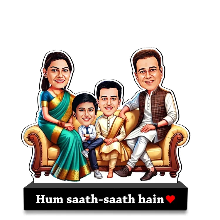 Custom Family Caricature – “Hum Saath-Saath Hain❤️” | Personalized Indian Family Standee | Acrylic + MDF | 7x6x2 inch