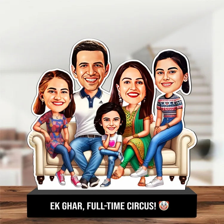 Funny Family Caricature Standee – “Ek Ghar, Full-Time Circus! 🤡” | Personalized Gift | Acrylic + MDF | 7x6x2 inch