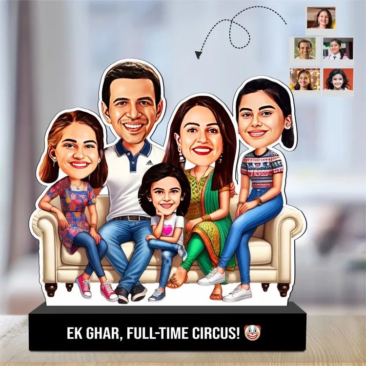 Funny Family Caricature Standee – “Ek Ghar, Full-Time Circus! 🤡” | Personalized Gift | Acrylic + MDF | 7x6x2 inch