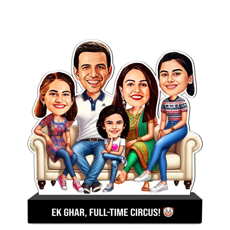 Funny Family Caricature Standee – “Ek Ghar, Full-Time Circus! 🤡” | Personalized Gift | Acrylic + MDF | 7x6x2 inch