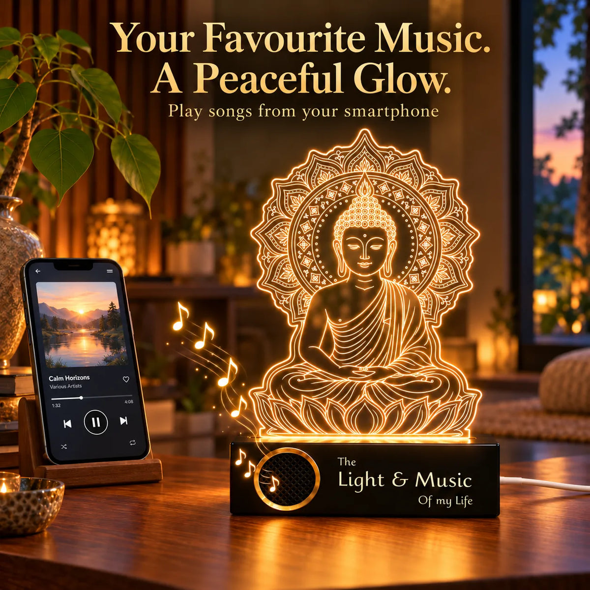 Gautam Buddha Statue LED Lamp – Mandala Buddha Showpiece for Home Decor