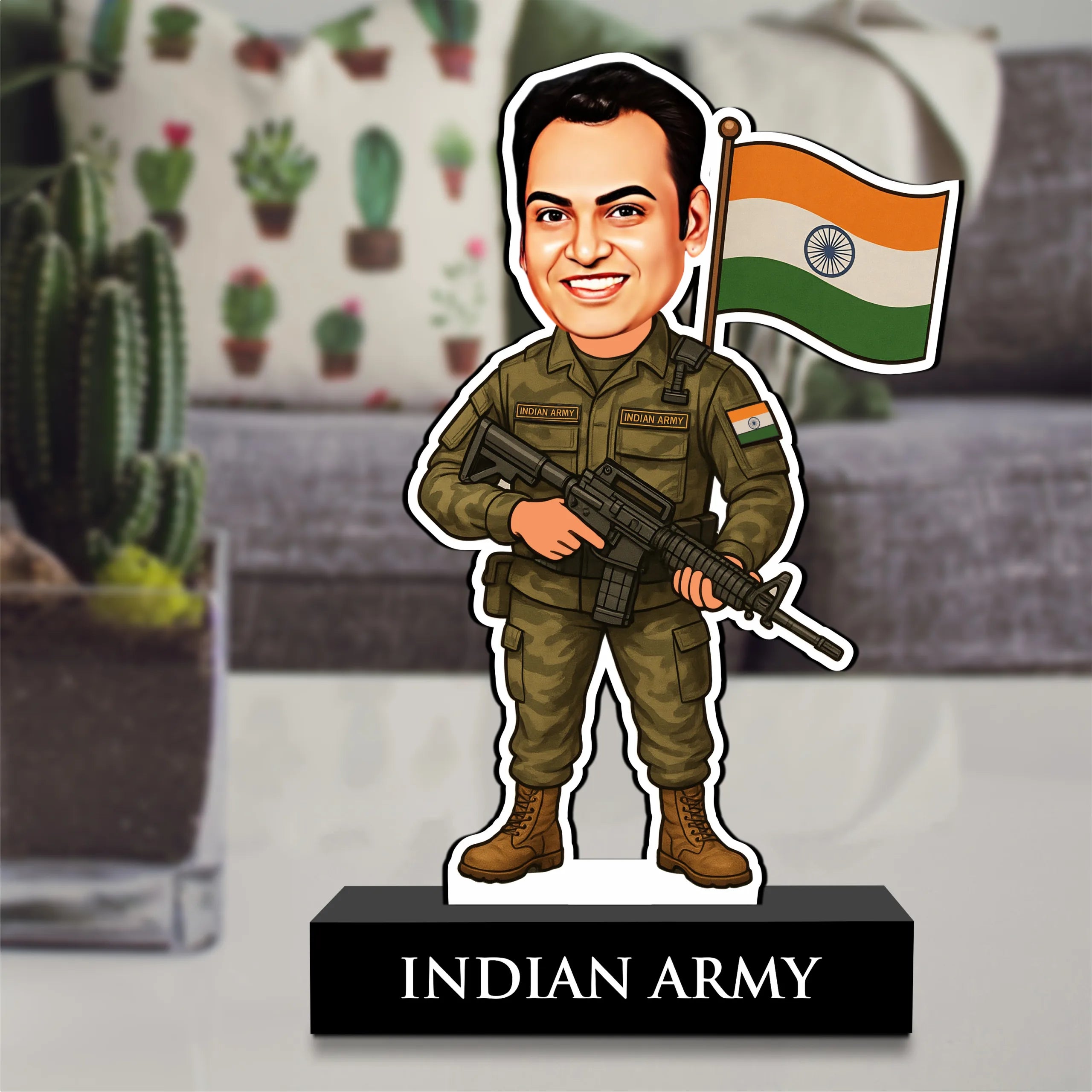 Personalized Indian Army Caricature Gift – Custom Face Standee for Army Men