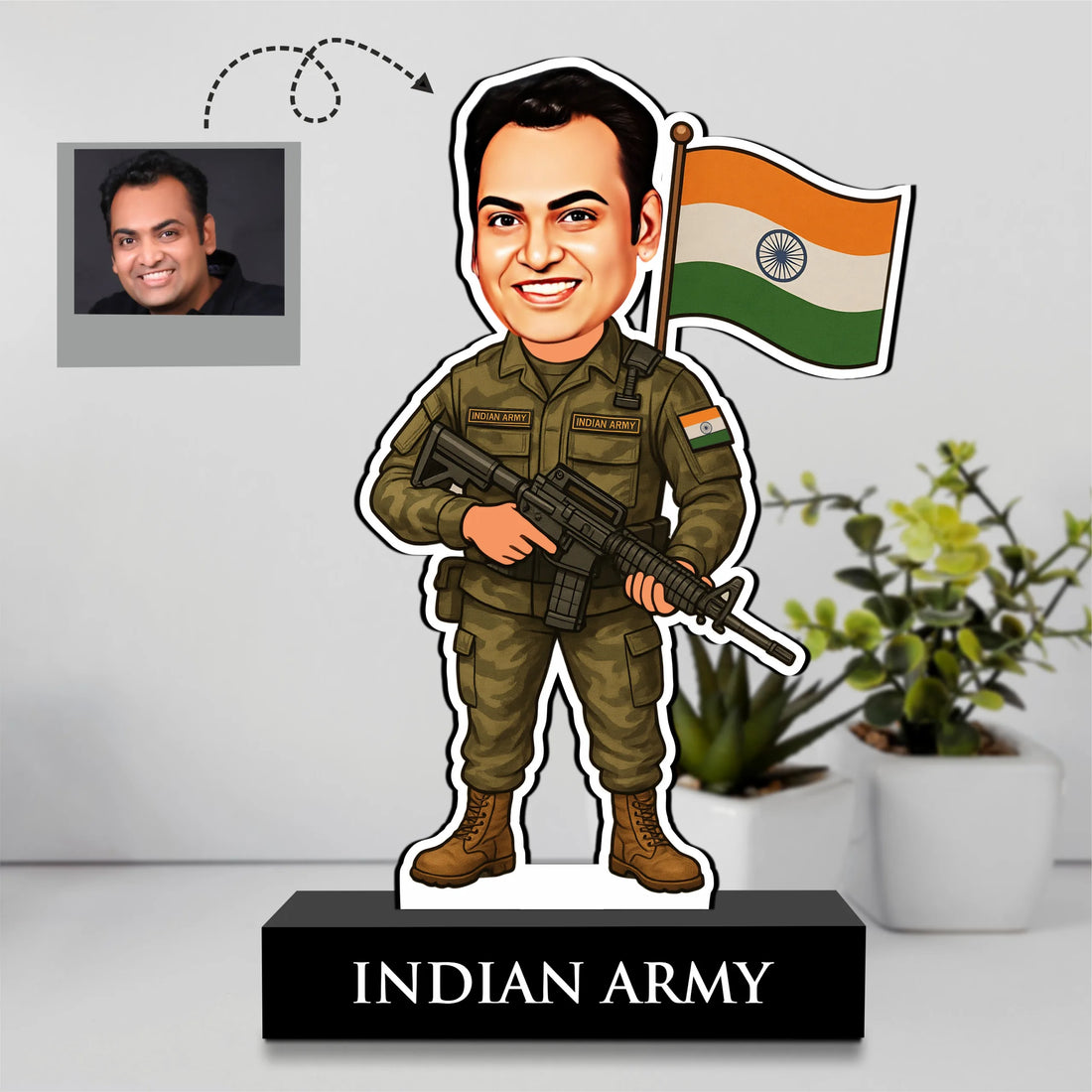 Personalized Indian Army Caricature Gift – Custom Face Standee for Army Men
