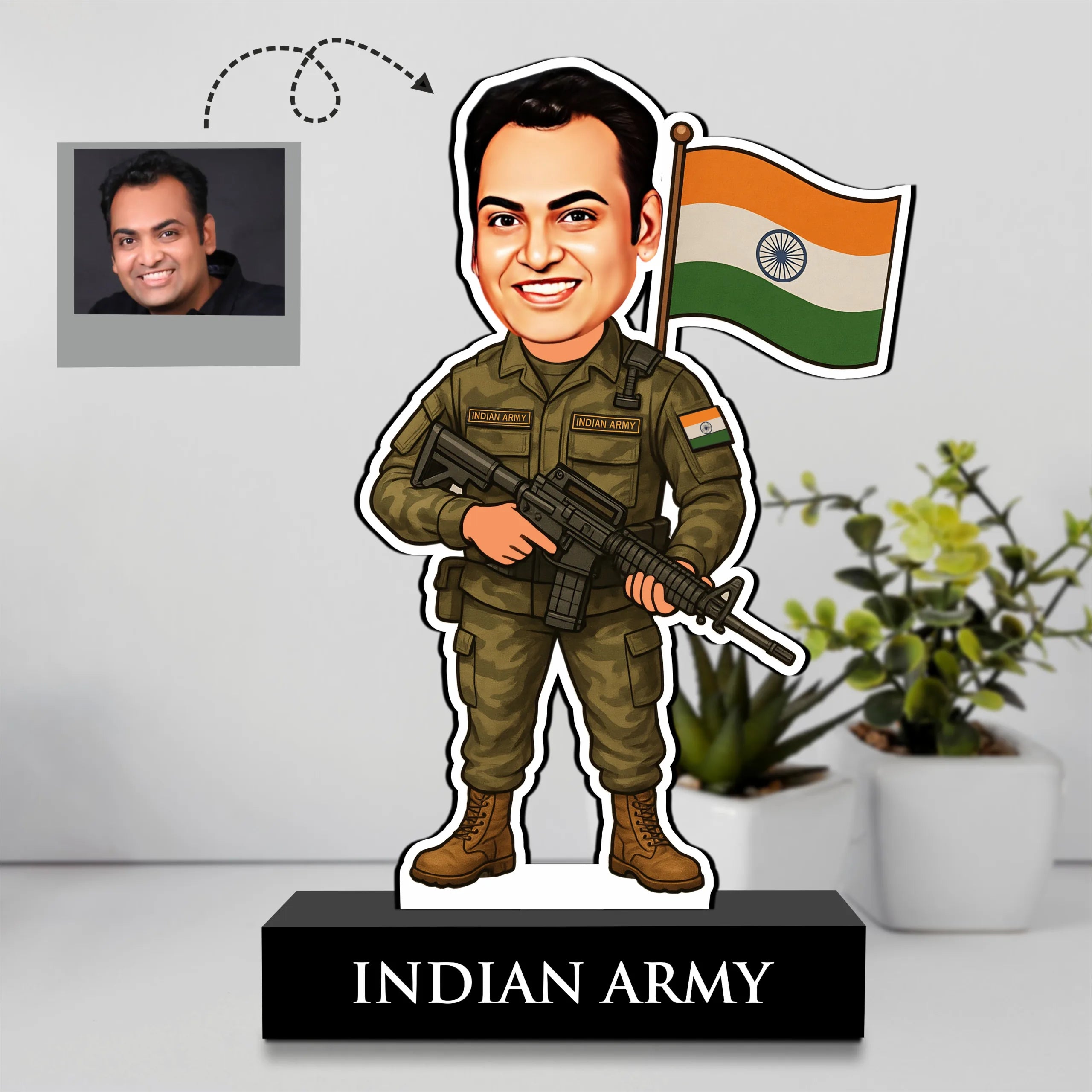 Personalized Indian Army Caricature Gift – Custom Face Standee for Army Men