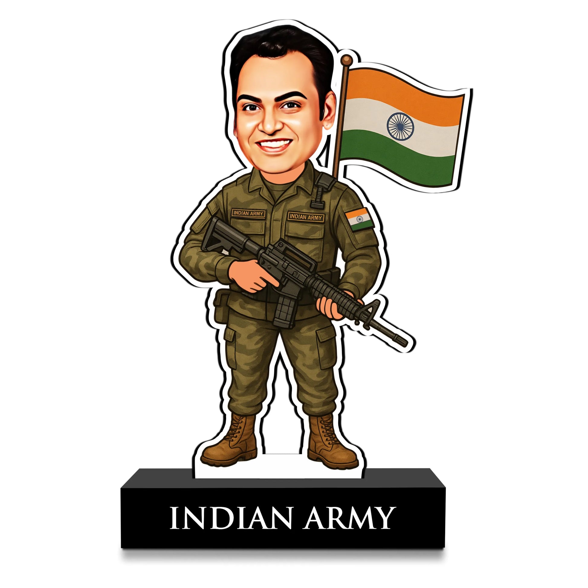 Personalized Indian Army Caricature Gift – Custom Face Standee for Army Men