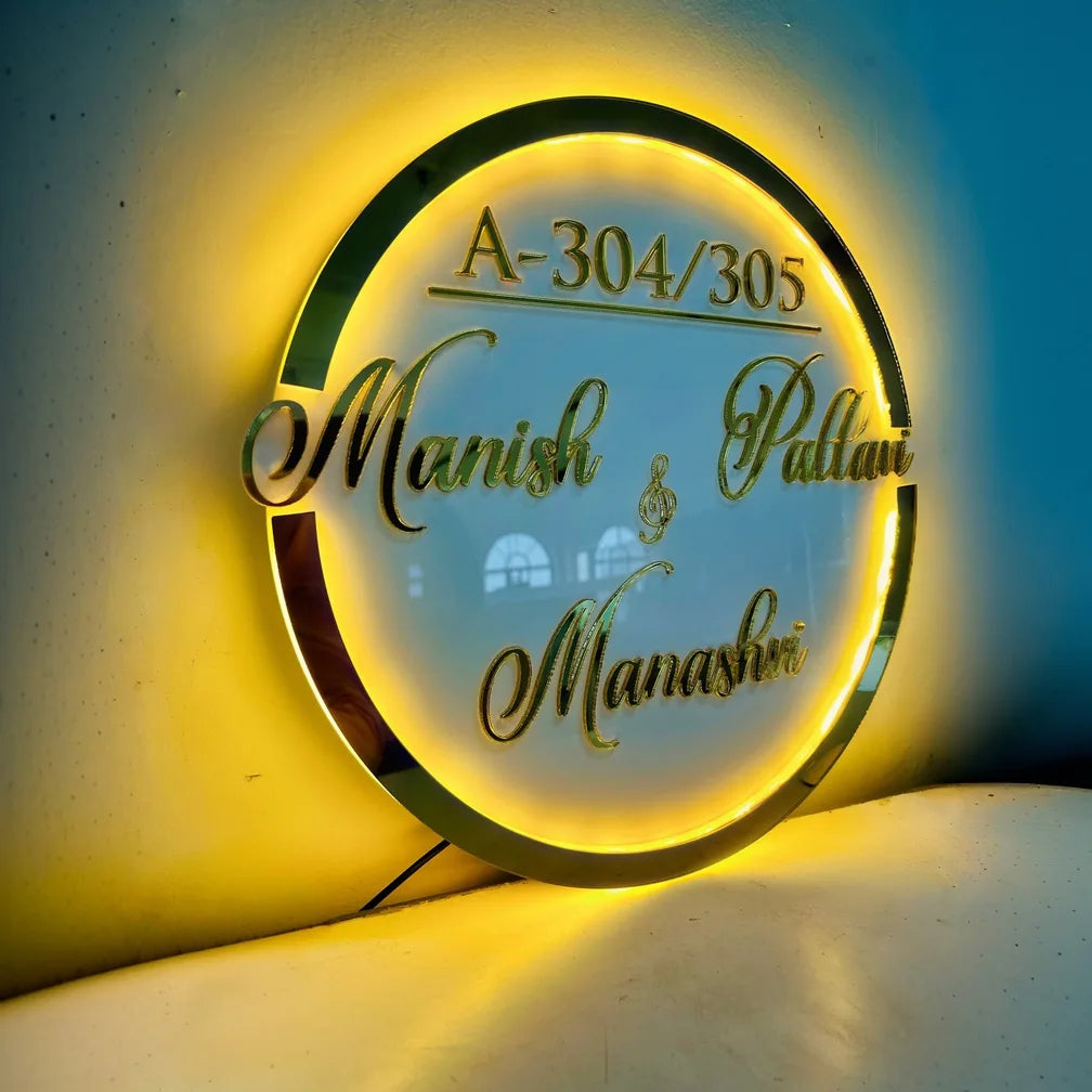 GoldenGlow Nameplate – Personalized Acrylic LED Nameplate with Golden Mirror Letters