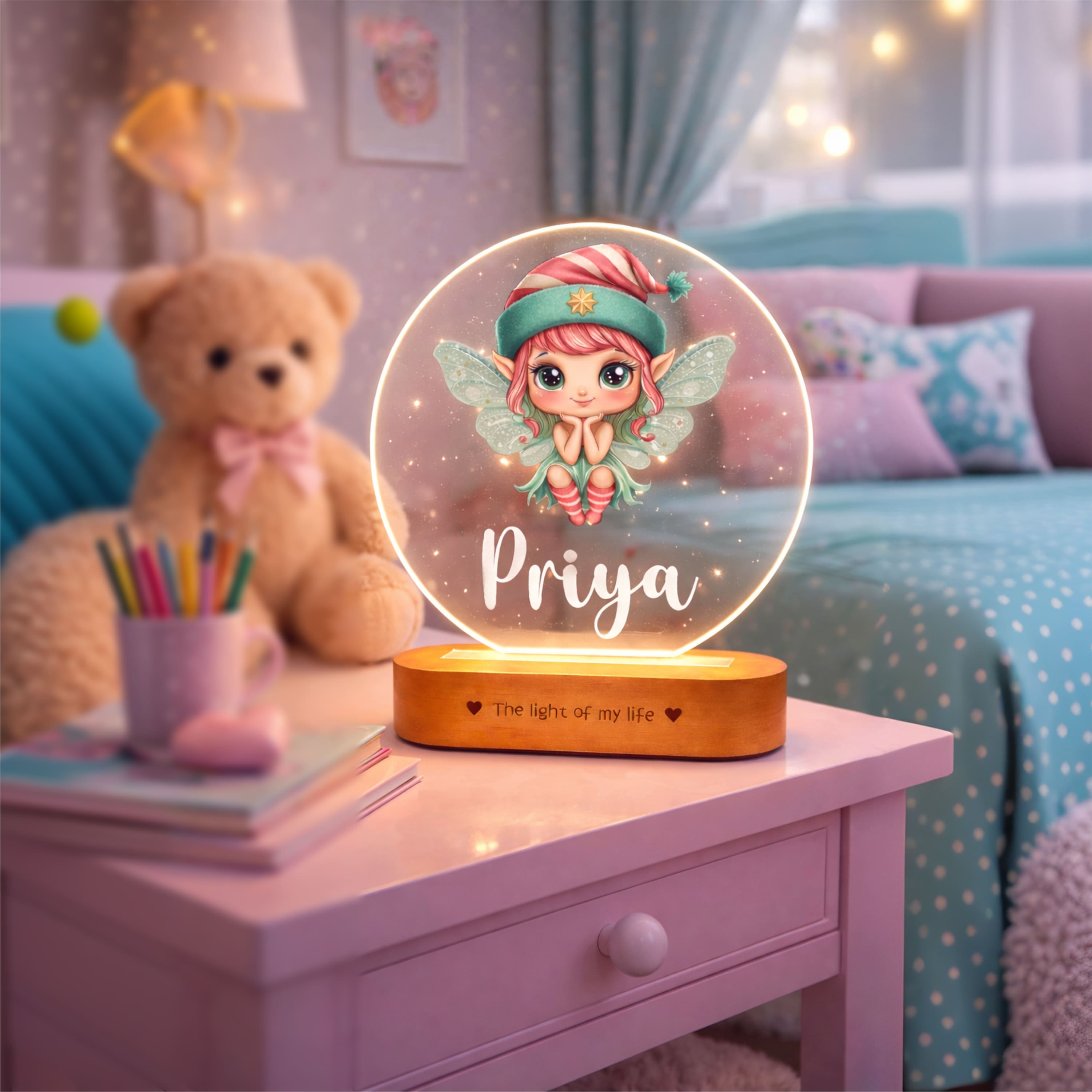 Personalized Name Night Lamp for Kids Girl | Cute Cartoon LED Lamp | Birthday Gift for Girls | Baby Room Decor | 8x6x2 Inch Acrylic Lamp with Wooden Base