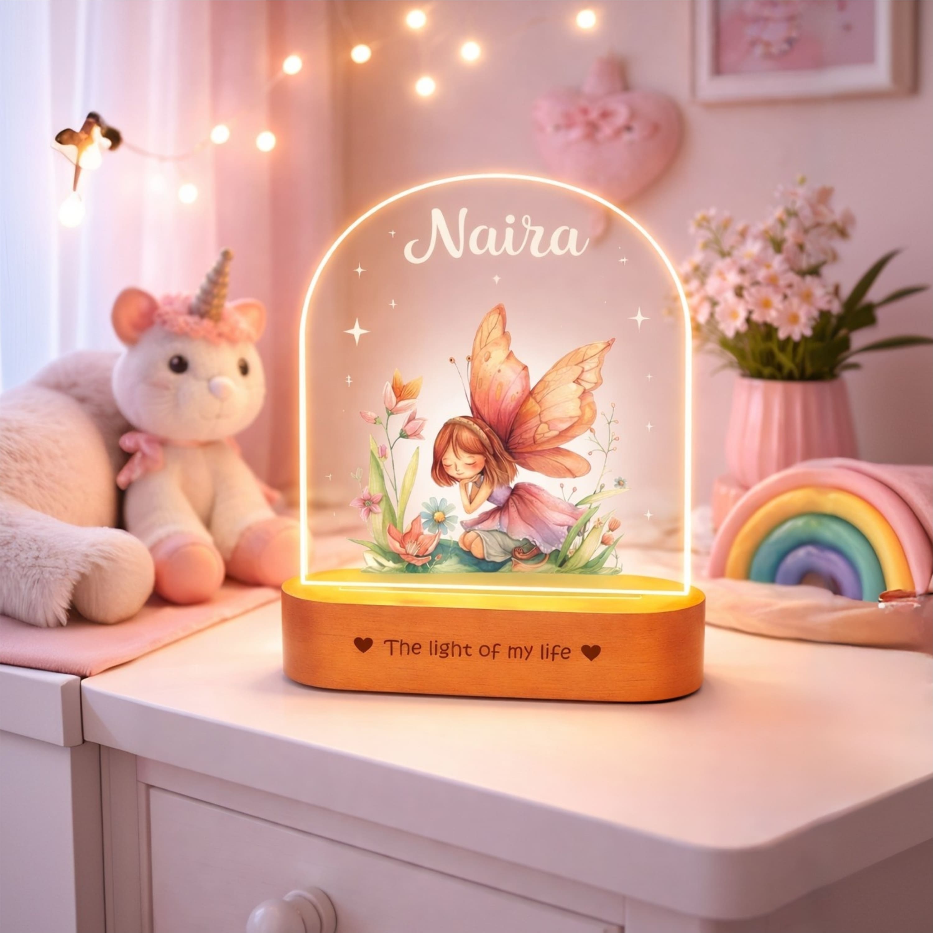 Personalized Name Night Lamp for Daughter | Custom Fairy LED Lamp | Birthday Gift for Daughter | Baby Girl Room Decor | 8x6x2 Inch Acrylic Lamp with Wooden Base