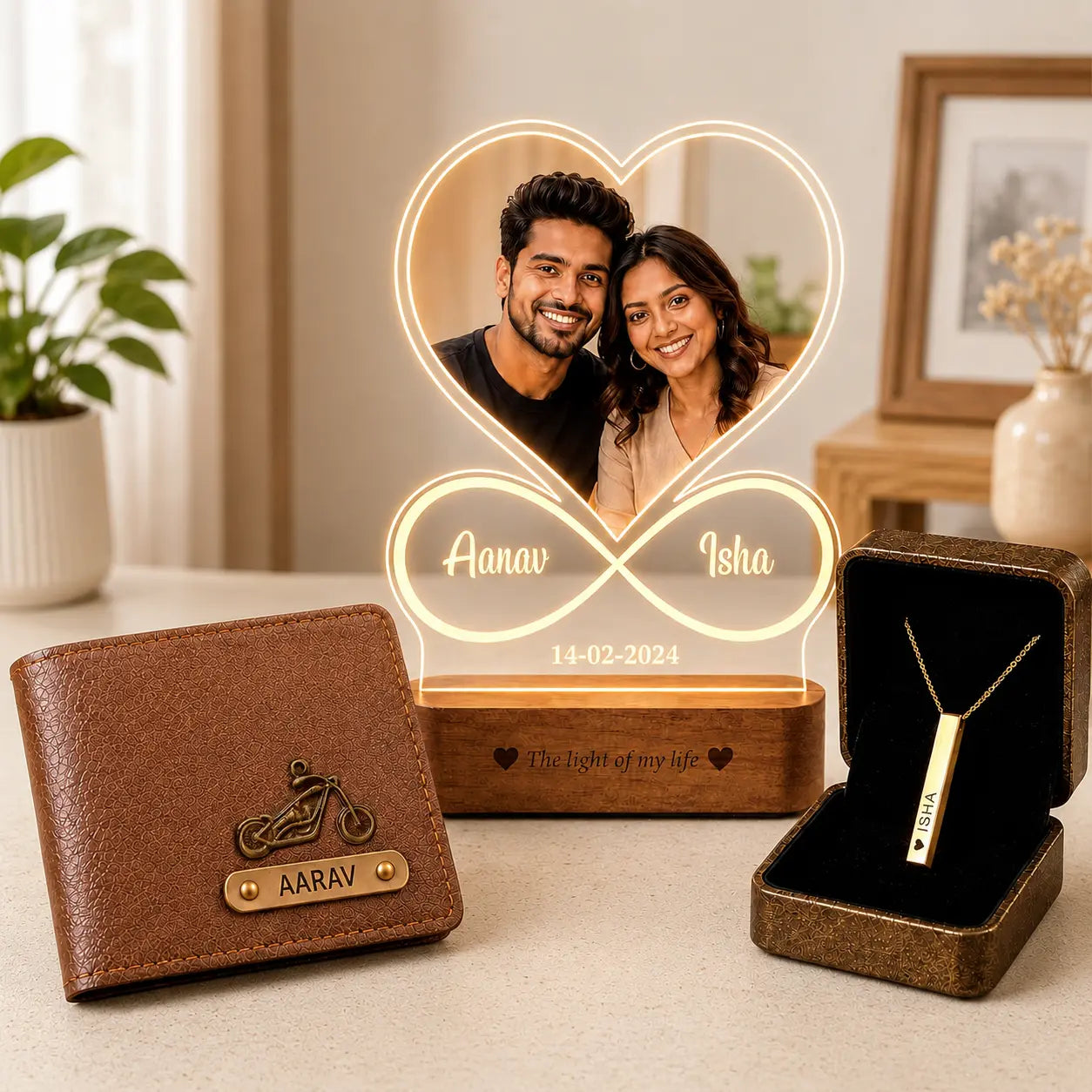Wedding Gift for Couples | Personalized Wallet, Name Necklace & Infinity Lamp