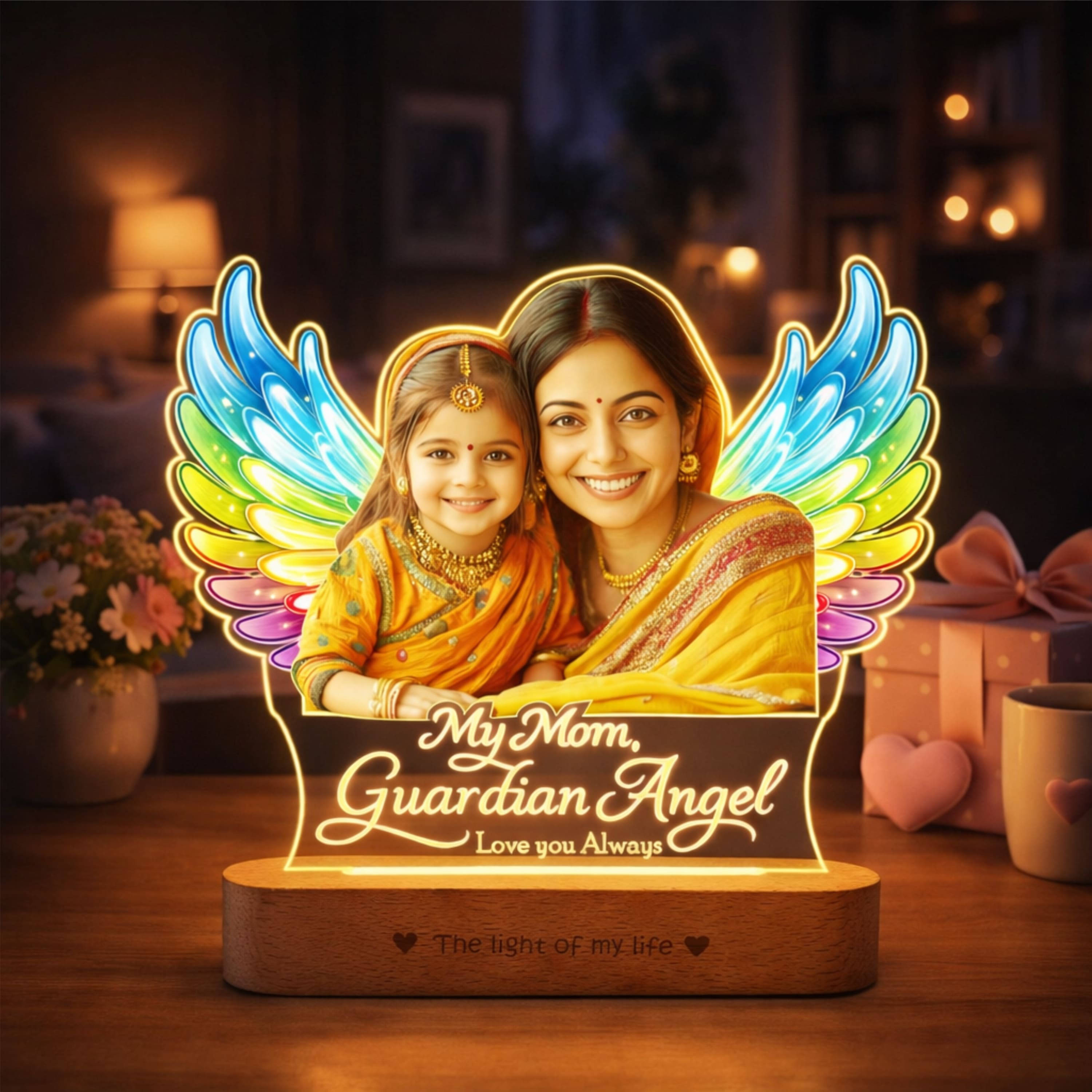 Mom, My Angel – Personalized LED Photo Lamp for Mom | Mother’s Day Gift (8x6 Inch Acrylic Lamp with Wooden Base)