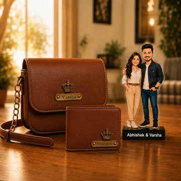 Personalized Couple Gift Set | Wallet, Sling Bag & Custom Caricature
