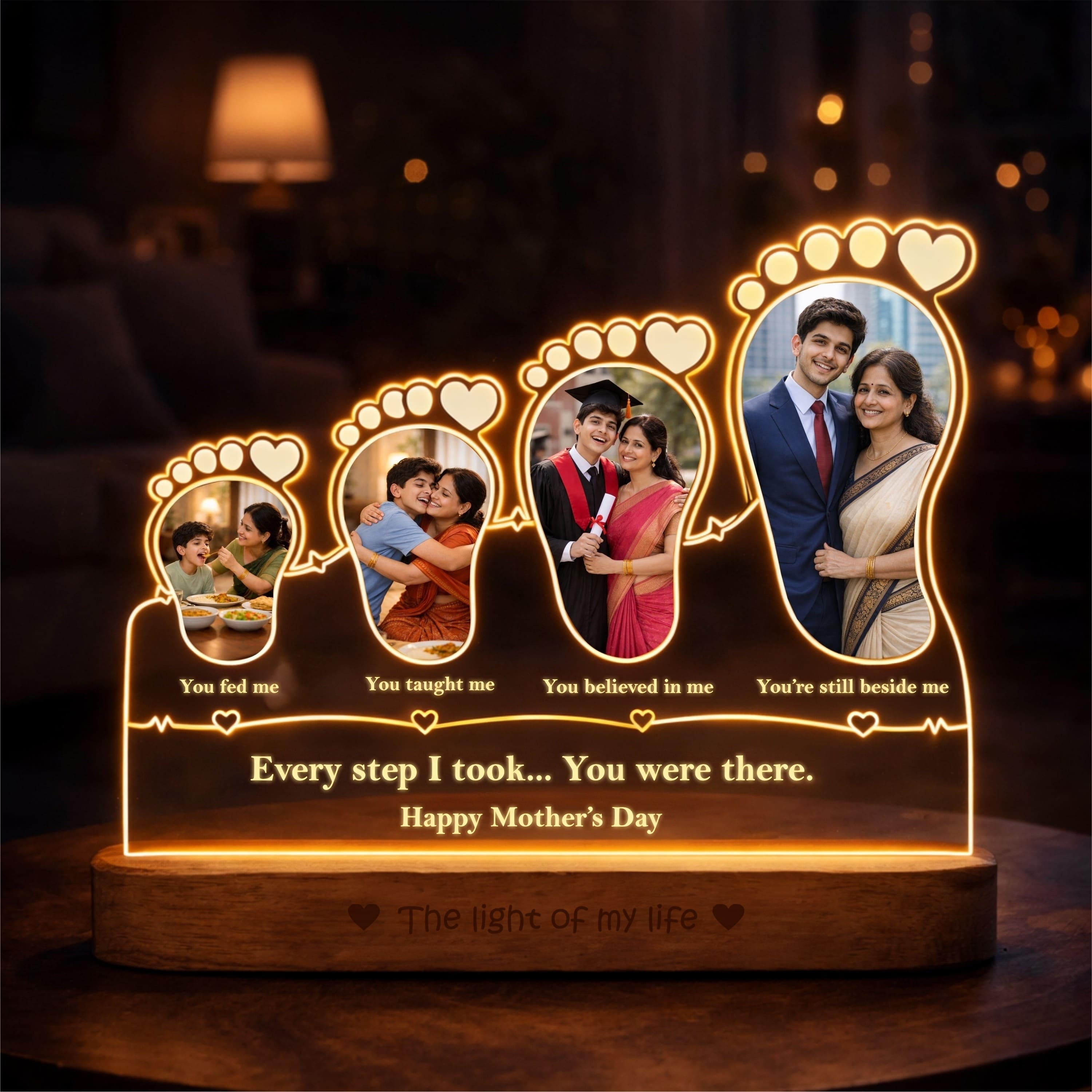 Because of You, Mom – Personalized 4 Photo LED Lamp for Mom | Mother’s Day Gift Idea (8x7 Inch Acrylic Lamp)