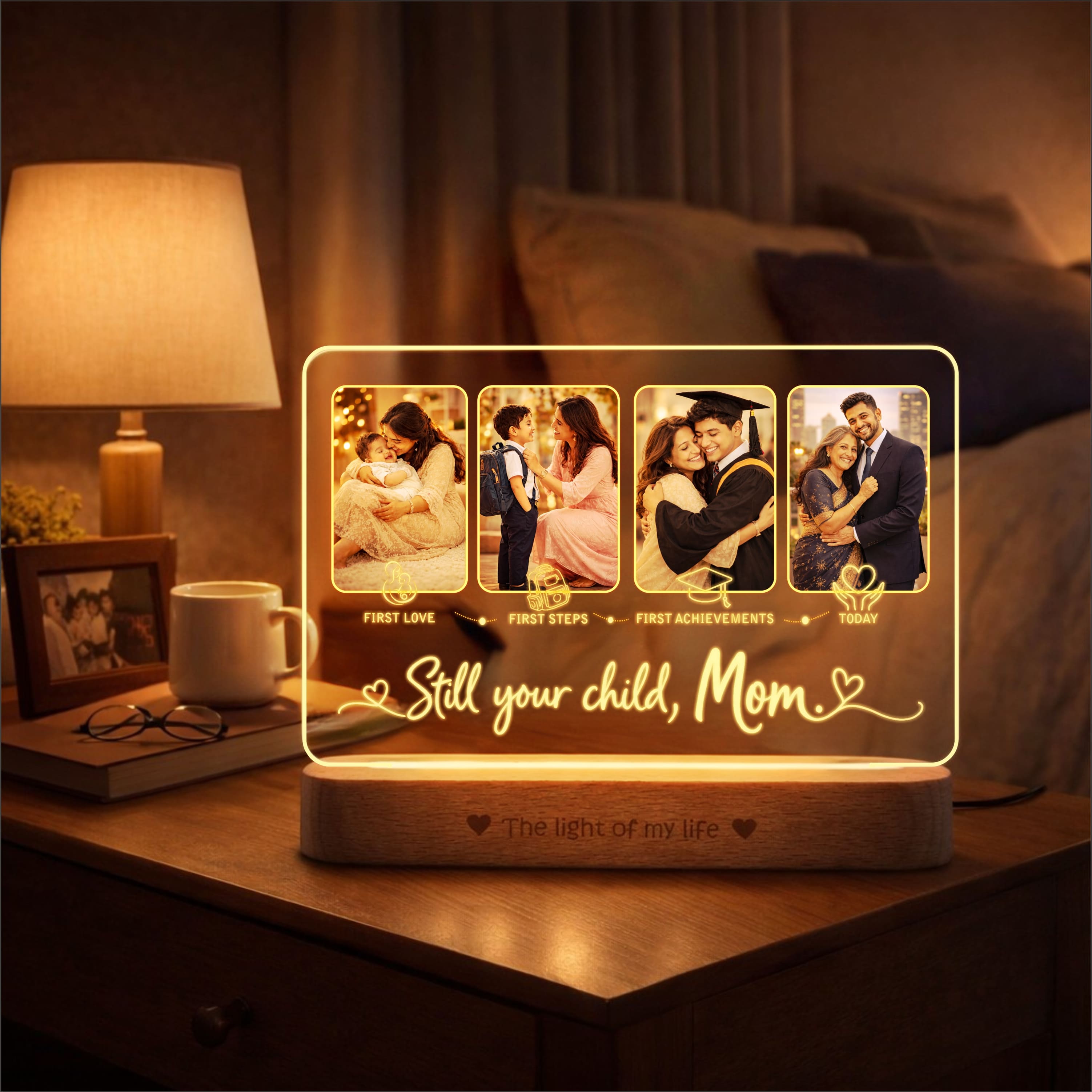 Still Your Child, Mom – Personalized LED Photo Lamp for Mom | Birthday & Mother’s Day Gift (8x6 Inch Acrylic Lamp with Wooden Base)