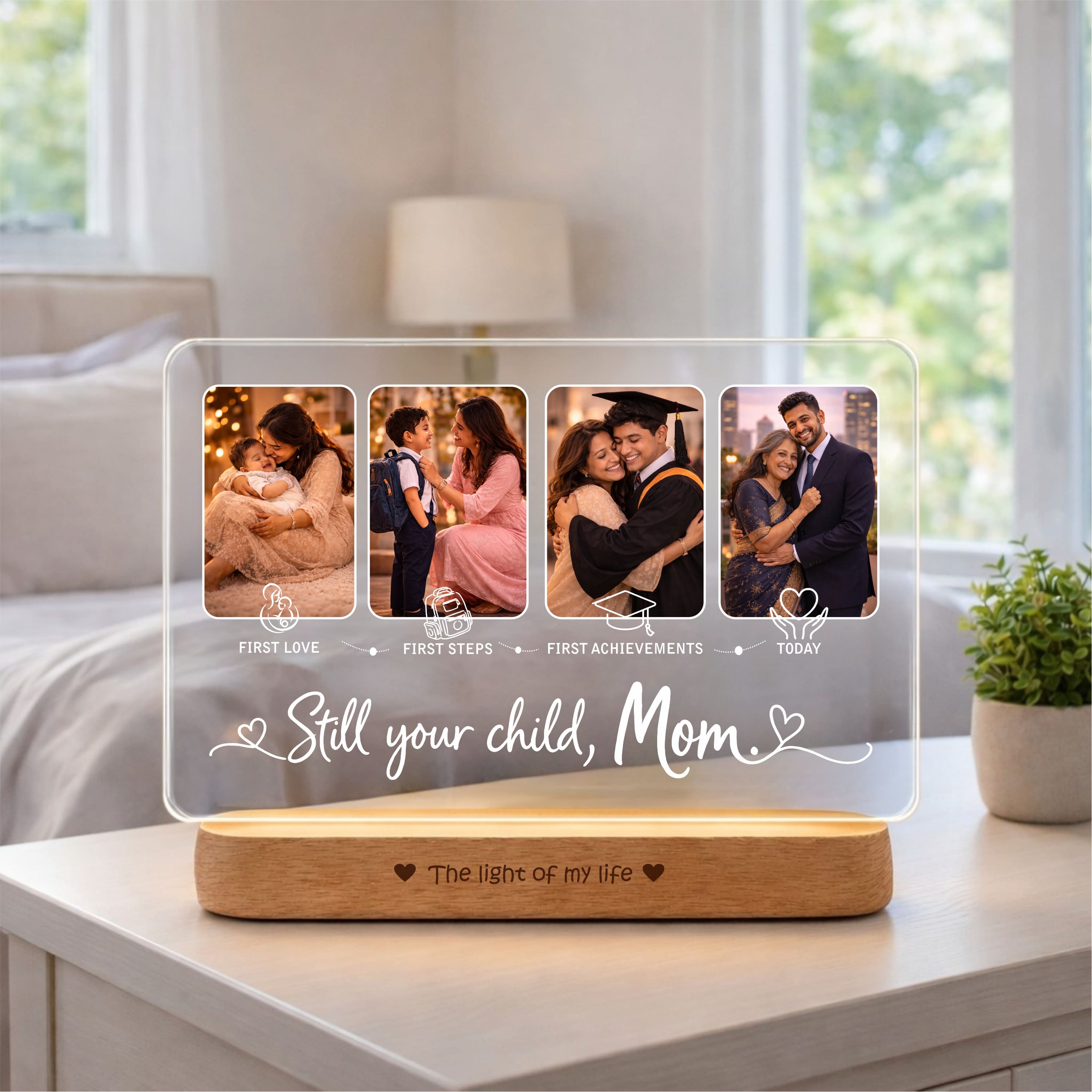 Still Your Child, Mom – Personalized LED Photo Lamp for Mom | Birthday & Mother’s Day Gift (8x6 Inch Acrylic Lamp with Wooden Base)