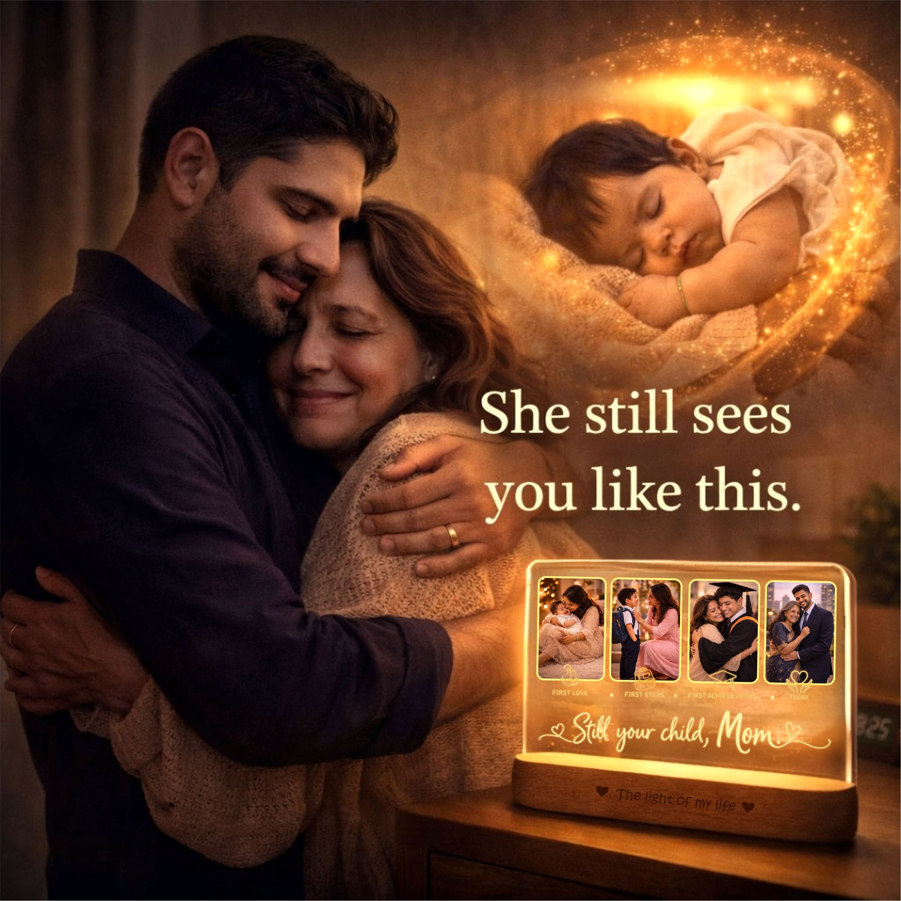 Still Your Child, Mom – Personalized LED Photo Lamp for Mom | Birthday & Mother’s Day Gift (8x6 Inch Acrylic Lamp with Wooden Base)