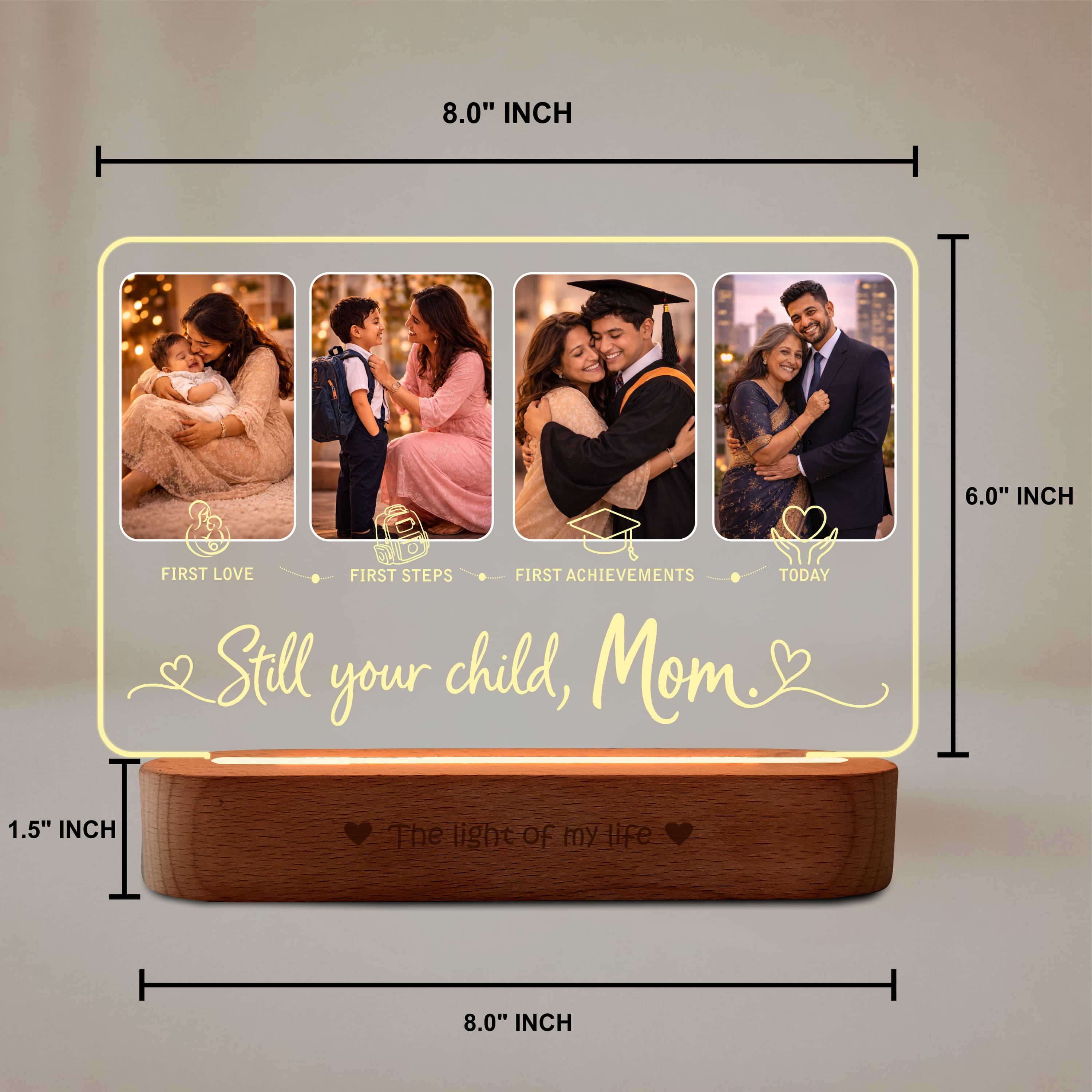 Still Your Child, Mom – Personalized LED Photo Lamp for Mom | Birthday & Mother’s Day Gift (8x6 Inch Acrylic Lamp with Wooden Base)