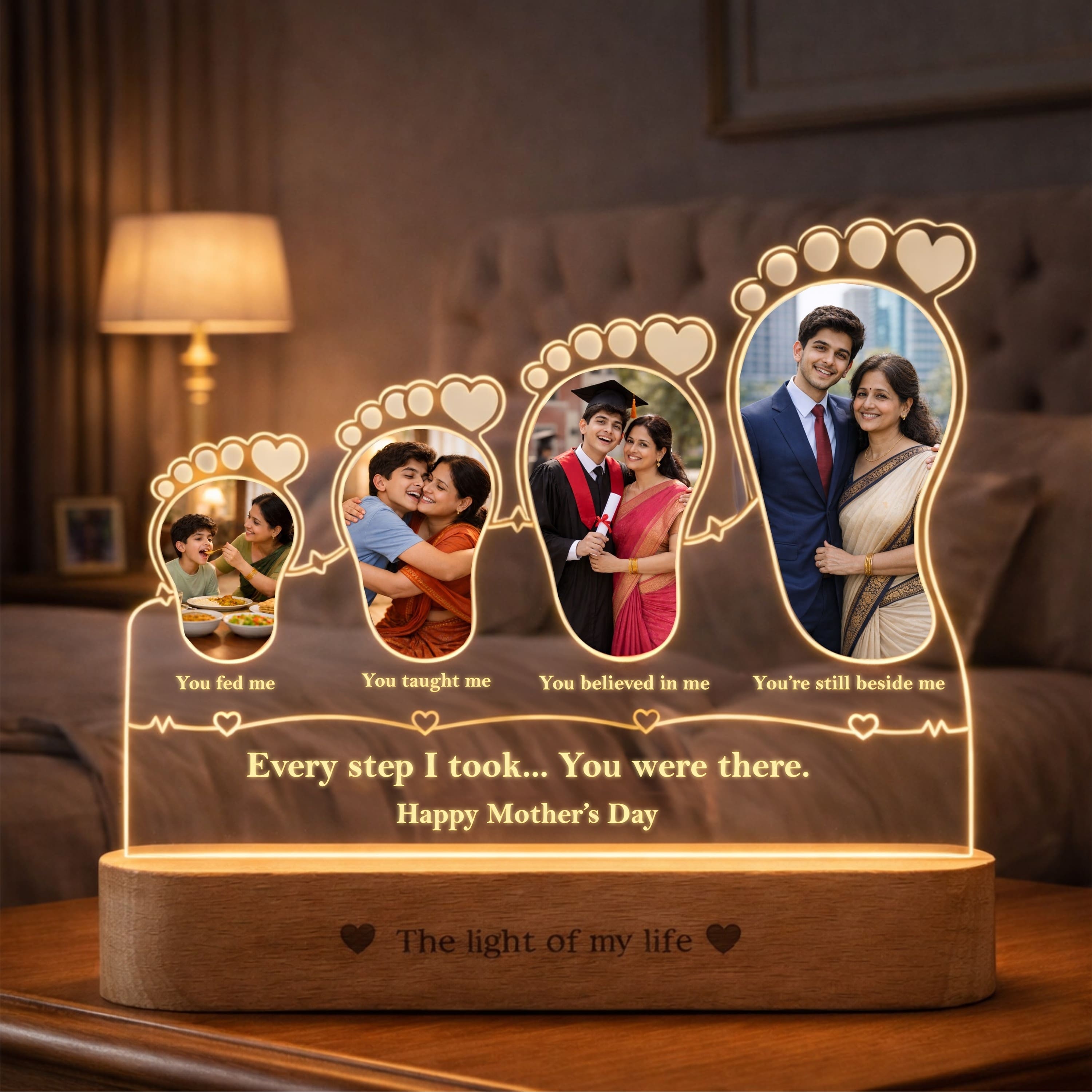 Because of You, Mom – Personalized 4 Photo LED Lamp for Mom | Mother’s Day Gift Idea (8x7 Inch Acrylic Lamp)